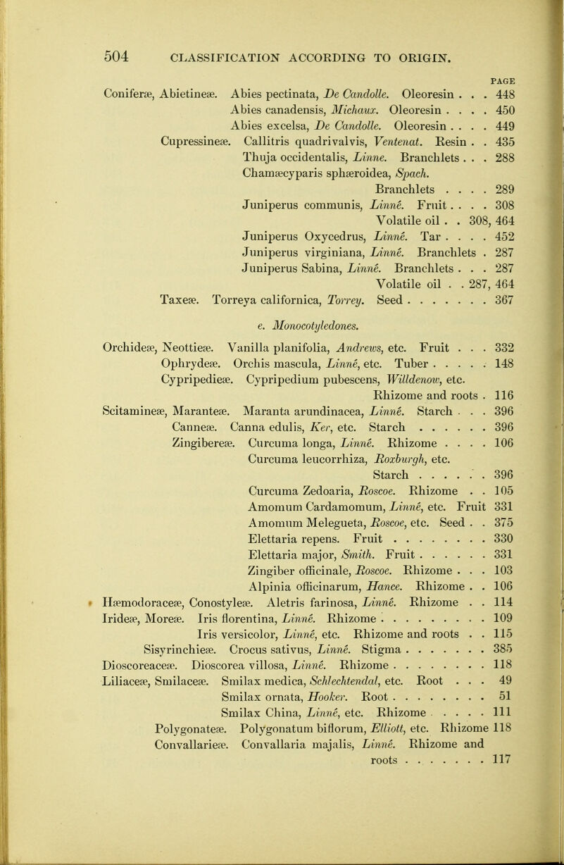 PAGE Coniferse, Abietinese. Abies pectinata, De Candolle. Oleoresin . . . 448 Abies canadensis, Michaux. Oleoresin .... 450 Abies excelsa, Be Candolle. Oleoresin .... 449 Cupressineee. Callitris quadrivalvis, Ventenat. Resin . . 435 Thuja occidentalis, Linne. Brancblets . . . 288 Chamsecyparis sphseroidea, Spoxh. Branchlets .... 289 Juniperus communis, Linne. Fruit.... 308 Volatile oil . . 308, 464 Juniperus Oxycedrus, Linne. Tar .... 452 Juniperus virginiana, Linne. Branchlets . 287 Juniperus Sabina, Linne. Branchlets . . . 287 Volatile oil . . 287, 464 Taxese. Torreya californica, Torrey. Seed 367 e. Monocotyledones. Orchidese, Neottiese. Vanilla planifolia, Andrews, etc. Fruit . . . 332 Ophrydese. Orchis mascula, Linne, etc. Tuber ..... 148 Cypripediese. Cypripedium pubescens, Willdenow, etc. Rhizome and roots . 116 Scitamineae, Marantese. Maranta arundinacea, Linne. Starch . . . 396 Cannese. Canna edulis, Ker, etc. Starch 396 Zingiberese. Curcuma longa, Linne. Rhizome .... 106 Curcuma leucorrhiza, Roxburgh, etc. Starch .396 Curcuma Zedoaria, Roscoe. Rhizome . . 105 Amomum Cardamomum, Linne, etc. Fruit 331 Amomum Melegueta, Roscoe, etc. Seed . . 375 Elettaria repens. Fruit 330 Elettaria major, Smith. Fruit 331 Zingiber officinale, Roscoe. Rhizome . . . 103 Alpinia officinarum, Hance. Rhizome . . 106 Hsemodoracese, Conostylese. Aletris farinosa, Linne. Rhizome . .114 Iridese, Morese. Iris florentina, Linne. Rhizome 109 Iris versicolor, Linne, etc. Rhizome and roots . . 115 Sisyrinchiese. Crocus sativus, Linne. Stigma 385 Dioscoreacese. Dioscorea villosa, Linne. Rhizome 118 Liliacese, Smilacese. Smilax medica, Schlechtendcd, etc. Root ... 49 Smilax ornata, Hooker. Root 51 Smilax China, Linne, etc. Rhizome . .... Ill Polygonatese. Polygonatum biflorum, Elliott, etc. Rhizome 118 Convallariepe. Convallaria majalis, Linne. Rhizome and roots 117