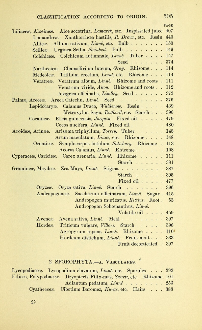 PAGE Liliacea?, Aloeinese. Aloe socotrina, Lamarck, etc. Inspissated juice 407 Lomandrese. Xanthorrhoea hastilis, R. Brown, etc. Resin 440 Alliese. Allium sativum, Linne, etc. Bulb 150 Scillese. Urginea Scilla, Steinheil. Bulb 149 Colchicese. Colchicum autumnale, Linne. Tuber .... 147 Seed 374 Nartheciese. Chamselirium luteum, Gray. Ehizome . . . 114 Medeolese. Trillium erectum, Linne, etc. Rhizome ... 114 Veratrea?. Veratrum album, Linne. Rhizome and roots . Ill Veratrum viride, Aiton. Rhizome and roots . . 112 Asagrsea officinalis, Lindley. Seed 373 Palmse, Arecese. Areca Catechu, Linne. Seed 376 Lepidocaryse. Calamus Draco, Willdenow. Resin 439 Metroxylon Sagu, Rottboell, etc. Starch . . . 396 Cocaines. Elseis guineensis, Jacquin Fixed oil 479 Cocos nucifera, Linne. Fixed oil 480 Aroidese, Arinsee. Arissema triphyHum, Torrey. Tuber 148 Arum maculatum, Linne, etc. Rhizome .... 148 Orontiese. Symplocarpus foetidum, Salisbury. Rhizome . 113 Acorus Calamus, Linne. Rhizome 108 Cyperaceae, Cariciese. Carex arenaria, Linne. Rhizome Ill Starch 381 Graminese, Maydese. Zea Mays, Linne. Stigma 387 Starch 395 Fixed oil 477 Oryzese. Oryza sativa, Linne. Starch 396 Andropogonete. Saccharum officinarum, Linne. Sugar . 415 Andropogon muricatus, Retzius. Root . 53 Andropogon Schcenanthus, Linne. Volatile oil .... 459 Avenese. A vena sativa, Linne. Meal 397 Hordese. Triticum vulgare, Villars. Starch ...... 396 Agropyrum repens, Linne. Rhizome . . . . 110* Hordeum distichum, Linne. Fruit, malt . . . 333 Fruit decorticated . 397 2. SPOROPHYTA.—a. Vasculares. * Lycopodiacese. Lycopodium clavatum, Linne, etc. Sporules . . . 392 Filices, Polypodiacese. Dryopteris Filix-mas, Swartz, etc. Rhizome 101 Adiantum pedatum, Linne 253 Cyatheacese. Cibotium Baromez, Kunze, etc. Hairs . . . 388 22