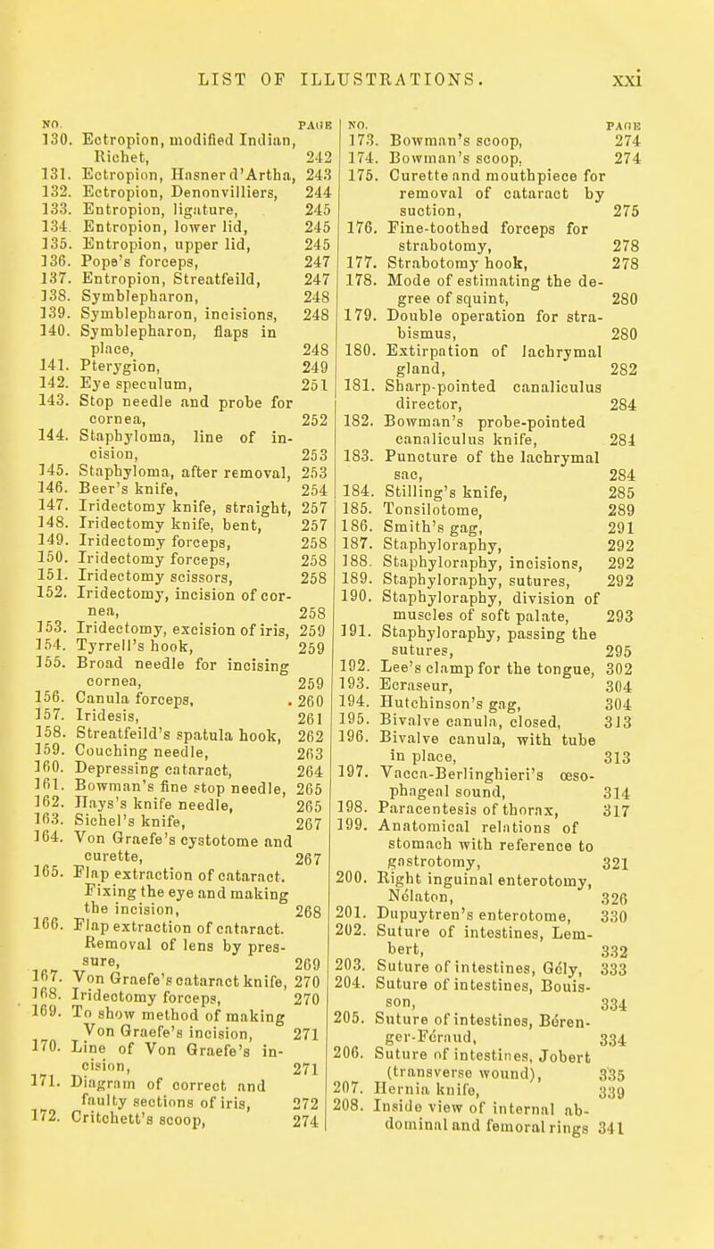 NO. 130. 131. 132. 133. 1.34. 135. 136. 137. 13S. 139. 140. 141. 142. 143. 144. 145. 146. 147. 148. 149. 150. 151. 152. 153, 154. 155. 156. 157. 158. 159. IfiO. 161. 162. 163. 1C4. 165. FAUB Ectropion, modified Indian, Richet, 242 Ectropion, Hnsnerd'Artha, 243 Ectropion, Denonvilliers, 244 Entropion, liguture, 245 Entropion, lower lid, 245 Entropion, upper lid, 245 Pope's forceps, 247 Entropion, Streatfeild, 247 Symblepharon, 248 Symblepharon, incisions, 248 Symblepharon, flaps in place, 248 Pterygion, 249 Eye speculum, 251 Stop needle and probe for cornea, 252 Staphyloma, line of in- cision, 253 Staphyloma, after removal, 253 Beer's knife, 254 Iridectomy knife, straight, 257 Iridectomy knife, bent, 257 Iridectomy forceps, 258 Iridectomy forceps, 258 Iridectomy scissors, 258 Iridectomy, incision of cor- nea, 258 Iridectomy, excision of iris, 259 16G. 167. 168. 169. 170. 171. 172. Tyrrell's hook, 259 Broad needle for incising cornea, 259 Canula forceps, . 260 Iridesis, 261 Streatfeild's spatula hook, 262 Couching needle, 263 Depressing cataract, 264 Bowman's fine stop needle, 265 Hays's knife needle, 265 Sichel's knife, 267 Von Graefe's cystotome and curette, 267 Flap extraction of cataract. Fixing the eye and making the incision, 268 Flap extraction of cataract. Removal of lens by pres- sure, 269 Von Graefe's cataract knife, 270 Iridectomy forceps, 270 To show method of making Von Graefe's incision, 271 Line of Von Graefe's in- cision, 271 Diagmm of correct and faulty sections of iris, 272 Critchett'a scoop, 274 NO. PAOE 173. Bowman's scoop, 274 174. Bowman's scoop, 274 175. Curette and mouthpiece for removal of cataract by suction, 275 176. Fine-toothed forceps for strabotomy, 278 177. Strabotomy hook, 278 178. Mode of estimating the de- gree of squint, 280 179. Double operation for stra- bismus, 280 180. Extirpation of lachrymal gland, 282 181. Sharp-pointed canaliculus director, 284 182. Bowman's probe-pointed canaliculus knife, 284 183. Puncture of the lachrymal sac 284 184. StilHng's knife, 285 185. Tonsilotome, 289 186. Smith's gag, 291 187. Staphyloraphy, 292 188. Staphyloraphy, incisions, 292 189. Staphyloraphy, sutures, 292 190. Staphyloraphy, division of muscles of soft palate, 293 191. Staphyloraphy, passing the sutures, 295 192. Lee's clamp for the tongue, 302 193. Ecraseur, 304 194. Hutchinson's gag, 304 195. Bivalve canula, closed, 3J3 196. Bivalve canula, with tube in place, 313 197. Vacca-Berlinghieri's oeso- phageal sound, 314 198. Paracentesis of thorax, 317 199. Anatomical relations of stomach with reference to gastrotomy, 321 200. Right inguinal enterotomy, Nclaton, 326 201. Dupuytren's enterotome, 330 202. Suture of intestines, Lem- bert, 332 203. Suture of intestines, Gely, 333 204. Suture of intestines, Bouis- son, 334 205. Suture of intestines, Bdren- ger-Fdraud, 334, 206. Suture nf intestines, Jobert (transverse wound), 3.35 207. Hernia knife, 339 208. Inside view of internal ab- dominal and femoral rings 341