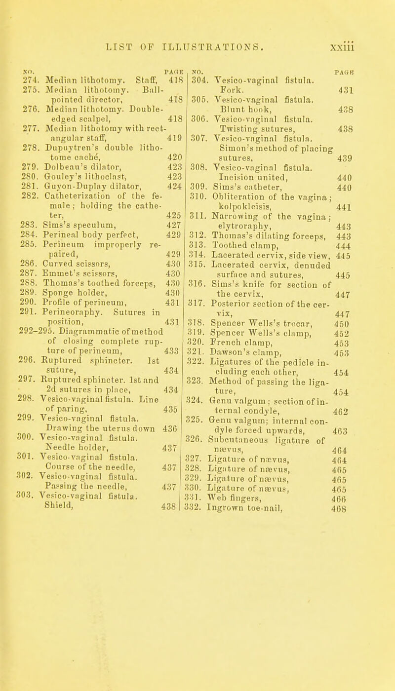 •NO. PAdB 274. Mediiin lithotomy. Staff, 41.S 275. Median lithotomy. Ball- pointed director, 276. Median lilhotomy. Double- edged scalpel, 277. Median lithotomy with reot iingulnr staff, 278. Dnpiiytren's double litho- tome cache, 279. Dolbeau's dilator, 2S0. Gouley's lithoclast, 281. Guyon-Duplay dilator, 282. Catheterization of the fe- male; holding the cathe- ter, 283. Sims's speculum, 284. Perineal body perfect, 285. Perineum improperly re- paired, 286. Curved scissors, 287. Emmet's scissors, 288. Thomas's toothed forceps, 289. Sponge holder, 290. Profile of perineum, 291. Perineoraphy. Sutures in position, 292-295. Diagrammatic of method of closing complete rup- ture of perineum, 433 296. Euptured sphincter. 1st suture, 297. Ruptured sphincter. 1st and 2d sutures in place, 298. Vesico-vaginal fistula. Line of paring, 299. Vesico-vaginal fistula. Drawing the uterus down 300. Ve.iico-vaginal fistula. Needle holder, 301. Vesico vaginal fistula. Course of the needle, 302. Vesico-vaginal fistula. Passing the needle, 303. Ve.«ico-vaginal fistula. Shield, 438 418 418 419 420 423 423 424 425 427 429 429 430 430 430 430 431 431 434 434 435 436 437 437 437 NO. 304. Vesioo-vaginnl fistula. Fork. 305. Vesico-vaginal fistula. Blunt hook, 306. Vesico-vaginal fistula. Twisting sutures, 307. Vesico-vaginal fistula. Simon's method of placing sutures, 308. Vesico-vaginal fistula. Incision united, 309. Sims's catheter, 310. Obliteration of the vagina kolpokleisis, 311. Narrowing of the vagina elytroraphy, 312. Thomas's dilating forceps, 313. Toothed clamp, 314. Lacerated cervix, side view, 445 315. Lacerated cervix, denuded surface and sutures, 316. Sims's knife for section of the cervix, 317. Posterior section of the cer- vix, 318. Spencer Wells's trocar, 319. Spencer AVells's clamp, 320. French clamp, 321. Dawson's clamp, 322. Ligatures of the pedicle in- cluding each other, 323. Method of passing the liga- ture, 324. Genu valgum ; section of in- ternal condyle, 325. Genu valgum; internal con- dyle forced upwards, 326. Subcutaneous ligature of nrevus, 464 327. Ligature of na;vus, 464 328. Lig.'iture of na3vus, 465 329. Ligature of n.Dvus, 465 330. Ligature of nfcvus, 465 331. Web fingers, 466 332. Ingrown toe-nail, 468 431 438 438 439 440 440 441 443 443 444 445 447 447 450 452 453 453 454 454 462 463