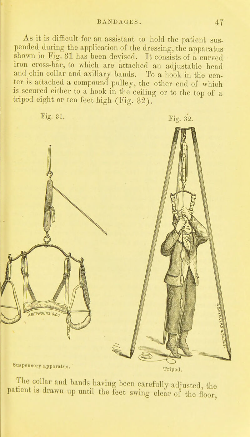 As it is difficult for an assistant to hold the patient sus- pended during the application of the dressing, the apparatus shown in Fig. 31 has been devised. It consists of a curved iron cross-bar, to which are attached an adjustable head and chin collar and axillary bands. To a hook in the cen- ter is attached a compound pulley, the other end of which is secured either to a hook in the ceiling or to the top of a tripod eight or ten feet high (Fig. 32).