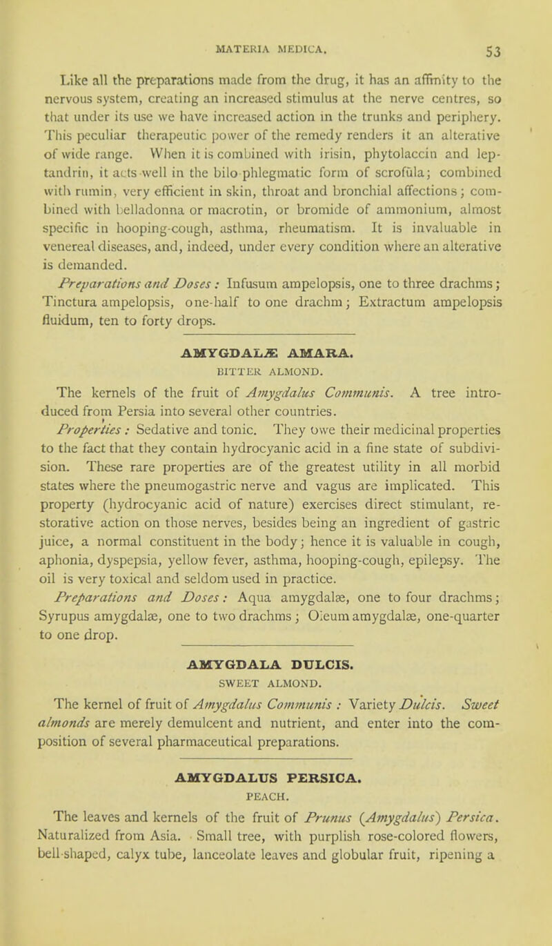 Like all the preparations made from the drug, it has an affinity to the nervous system, creating an increased stimulus at the nerve centres, so that under its use we have increased action in the trunks and periphery. This peculiar therapeutic power of the remedy renders it an alterative of wide range. When it is combined with irisin, phytolaccin and lep- tandrin, it acts well in the bilo phlegmatic form of scrofula; combined with rumin, very efficient in skin, throat and bronchial affections; com- bined with belladonna or macrotin, or bromide of ammonium, almost specific in hooping-cough, asthma, rheumatism. It is invaluable in venereal diseases, and, indeed, under every condition where an alterative is demanded. Preparations and Doses: Infusum ampelopsis, one to three drachms; Tinctura ampelopsis, one-half to one drachm; Extractum ampelopsis fluidum, ten to forty drops. AMYGDALA AMARA. BITTER ALMOND. The kernels of the fruit of Amygdalus Communis. A tree intro- duced from Persia into several other countries. Properties: Sedative and tonic. They owe their medicinal properties to the fact that they contain hydrocyanic acid in a fine state of subdivi- sion. These rare properties are of the greatest utility in all morbid states where the pneumogastric nerve and vagus are implicated. This property (hydrocyanic acid of nature) exercises direct stimulant, re- storative action on those nerves, besides being an ingredient of gastric juice, a normal constituent in the body; hence it is valuable in cough, aphonia, dyspepsia, yellow fever, asthma, hooping-cough, epilepsy. The oil is very toxical and seldom used in practice. Preparations and Doses: Aqua amygdalae, one to four drachms; Syrupus amygdala;, one to two drachms ; Oieum amygdalae, one-quarter to one drop. AMYGDALA DULCIS. SWEET ALMOND. The kernel of fruit of Amygdalus Communis : Variety Dulcis. Sweet almonds are merely demulcent and nutrient, and enter into the com- position of several pharmaceutical preparations. AMYGDALUS PERSICA. PEACH. The leaves and kernels of the fruit of Prunus (Amygdalus) Persica. Naturalized from Asia. Small tree, with purplish rose-colored flowers, bell-shaped, calyx tube, lanceolate leaves and globular fruit, ripening a