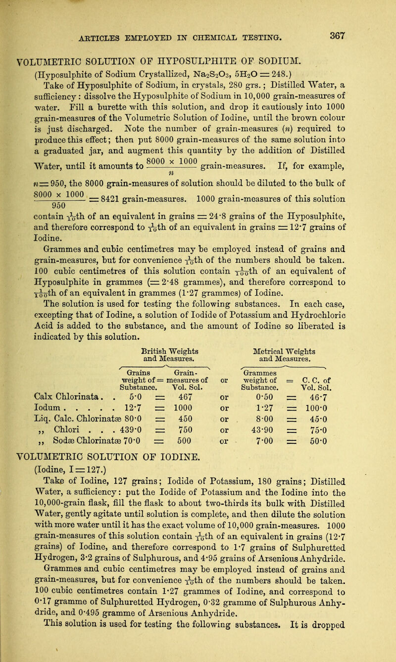 VOLUMETRIC SOLUTION OF HYPOSULPHITE OF SODIUM. (Hyposulphite of Sodium Crystallized, Na2S203, 5H20 = 248.) Take of Hyposulphite of Sodium, in crystals, 280 grs.; Distilled Water, a sufficiency : dissolve the Hyposulphite of Sodium in 10,000 grain-measures of water. Fill a burette with this solution, and drop it cautiously into 1000 grain-measures of the Volumetric Solution of Iodine, until the brown colour is just discharged. Note the number of grain-measures (n) required to produce this effect; then put 8000 grain-measures of the same solution into a graduated jar, and augment this quantity by the addition of Distilled Water, until it amounts to 8°°° x 1000 grajn_measureg< jf? for example, n «=950, the 8000 grain-measures of solution should be diluted to the bulk of 8000 x 1000 grain-measures. 1000 grain-measures of this solution 950 contain -&th of an equivalent in grains — 24*8 grains of the Hyposulphite, and therefore correspond to toth of an equivalent in grains =z 12*7 grains of Iodine. Grammes and cubic centimetres may be employed instead of grains and grain-measures, but for convenience x^th of the numbers should be taken. 100 cubic centimetres of this solution contain Tooth of an equivalent of Hyposulphite in grammes (= 2-48 grammes), and therefore correspond to xijotii of an equivalent in grammes (T27 grammes) of Iodine. The solution is used for testing the following substances. In each case, excepting that of Iodine, a solution of Iodide of Potassium and Hydrochloric Acid is added to the substance, and the amount of Iodine so liberated is indicated by this solution. British Weights Metrical Weights and Measures. and. Measures. Grains Grain - Grammes weight of = i neasures of or weight of C. C. of Substance. Vol. Sol. Substance. Vol. Sol. Calx Chlorinata. . 5*0 — 467 or 0-50 46-7 1000 or 1-27 100-0 Liq. Calc. Chlorinatse 80*0 — 450 or 8-00 45-0 „ Chlori . . . 439-0 = 750 or 43-90 75-0 Sodse Chlorinatae 70*0 = 500 or 7-00 50-0 VOLUMETRIC SOLUTION OF IODINE. (Iodine, 1 = 127.) Take of Iodine, 127 grains; Iodide of Potassium, 180 grains; Distilled Water, a sufficiency: put the Iodide of Potassium and the Iodine into the 10,000-grain flask, fill the flask to about two-thirds its bulk with Distilled Water, gently agitate until solution is complete, and then dilute the solution with more water until it has the exact volume of 10,000 grain-measures. 1000 grain-measures of this solution contain ^-th of an equivalent in grains (12-7 grains) of Iodine, and therefore correspond to 1*7 grains of Sulphuretted Hydrogen, 3-2 grains of Sulphurous, and 4*95 grains of Arsenious Anhydride. Grammes and cubic centimetres may be employed instead of grains and grain-measures, but for convenience ^jth of the numbers should be taken. 100 cubic centimetres contain 1*27 grammes of Iodine, and correspond to 0-17 gramme of Sulphuretted Hydrogen, 0-32 gramme of Sulphurous Anhy- dride, and 0-495 gramme of Arsenious Anhydride. This solution is used for testing the following substances. It is dropped