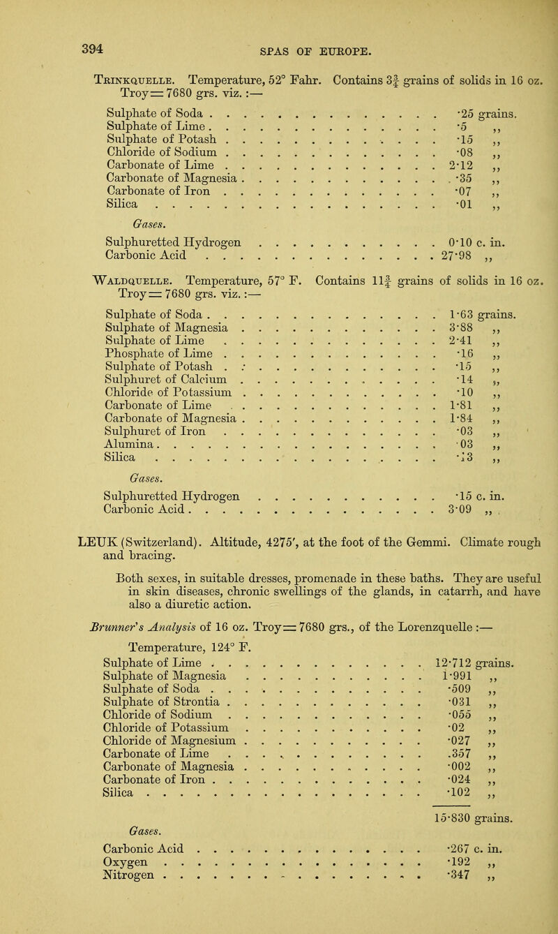 Trinkquelle. Temperature, 52° Fahr. Contains 3| grains of solids in 16 oz. Troy=: 7680 grs. viz. :— Sulphate of Soda . . Sulphate of Lime . . Sulphate of Potash . Chloride of Sodium . Carbonate of Lime . Carbonate of Magnesia Carbonate of Iron . Silica Gases. Sulphuretted Hydrogen 0*10 c. in. Carbonic Acid 27*98 Waldquelle. Temperature, 57° F. Contains llf grains of solids in 16 oz. Troy — 7680 grs. viz. :— Sulphate of Soda . . Sulphate of Magnesia Sulphate of Lime Phosphate of Lime . Sulphate of Potash . Sulphuret of Calcium Chloride of Potassium Carbonate of Lime Carbonate of Magnesia Sulphuret of Iron Alumina Silica . . ' . . . *13 Gases. Sulphuretted Hydrogen 15 c. in. Carbonic Acid 3*09 , •25 grains. •5 „ •15 „ •08 ,, 2-12 „ . -35 •07 „ •01 1- 63 grains. 3-88 „ 2- 41 „ •16 „ •15 „ •14 „ •10 „ 1-81 „ 1-84 „ •03 „ •03 LEUK (Switzerland). Altitude, 4275', at the foot of the Gemmi. Climate rough and bracing. Both sexes, in suitable dresses, promenade in these baths. They are useful in skin diseases, chronic swellings of the glands, in catarrh, and have also a diuretic action. JBrunner's Analysis of 16 oz. Troy—7680 grs., of the Lorenzquelle :— Temperature, 124° F. Sulphate of Lime 12-712 gra: Sulphate of Magnesia 1-991 Sulphate of Soda . . . ■ -509 Sulphate of Strontia -031 Chloride of Sodium -055 Chloride of Potassium -02 Chloride of Magnesium -027 Carbonate of Lime 357 Carbonate of Magnesia -002 Carbonate of Iron -024 Silica -102 15-830 grains. Gases. Carbonic Acid -267 c. in. Oxygen -192 ,, Nitrogen -347 ,,