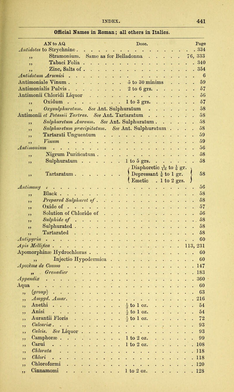 Official Names in Roman; all others in Italics. AN to AO, Dose. Antidotes to Strychnine 334 ,, Stramonium. Same as for Belladonna 76, 333 „ Tahaci Folia 340 Zinc, Salts of 354 Antidotum Arsenici 6 Antimoniale Vinum 5 to 30 minims .... 59 Antimonialis Pulvis 2 to 6 grs 57 Antimonii Chloridi Liquor 56 ,, Oxidum 1 to 3 grs 57 Oxy sulphur etum. See Ant. Sulphuratum 58 Antimonii et Potassii Tartras. See Ant. Tartaratum 58 ,, Sulphur etum Aureum. See Ant. Sulphuratum 58 Sulphur etum prcecipitatum. See Ant. Sulphuratum .... 58 Tartarati Unguentum 59 ,, Vinum 59 Antimonium 56 Nigrum. Purincatum 58 ,, Sulphuratum 1 to 5 grs 58 / Diaphoretic £g to gr. ,, Tartaratum | Depressant ^ to 1 gr. \ 58 ( Emetic . 1 to 2 grs. Antimony 56 ,, Black 58 ,, Prepared Sulphuret of. .' 58 ,, Oxide of 57 ,, Solution of Chloride of 56 j, Sulphide of 58 ,, Sulphurated 58 ,, Tartarated 58 Antipyrin 60 Apis Mellifica 113,231 Apomorphinae Hydrochloras 60 ,, Injeetio Hypodermica 60 Apozeme de Cousso 147 „ . Grenadier 183 Appendix 360 Aqua 60 ,, [group) 63 ,, Amy yd. Amur 216 ,, Anethi i to 1 oz 54 ,, Anisi | to 1 oz. ...... 54 ,, Aurantii Floris %V to 1 oz. ...... 72 ,, Calcarice 93 Calcis. See Liquor 93 ,, Camphorse 1 to 2 oz 99 „ Carui 1 to 2 oz. ...... 108 ,, Chlorata ] 18 ,, Chlori 118 ,, Chloroformi 120 ,, Cinnamomi 1 to 2 oz 128