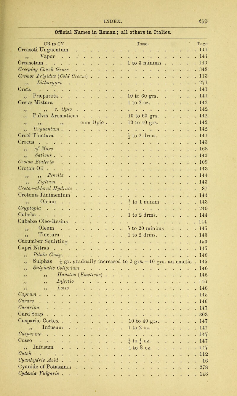 Official Names in Roman: all others in Italics. CRtoCY ( Dose. rage Creasoti TJngueatum 141 Vapor 141 Creasotum 1 to 3 minims 140 Creeping Couch Grass y . . . . 34S Cremor Frigidus (Cold Cream.) 113 Lithargyri 271 Cnsta 141 Prasparata 10 to 60 grs 141 Cretse Mistura 1 to 2 oz 142 ,, ,, c. Opio , 142 Pulvis Aromatic us 10 to 60 grs 142 „ ,, cum Opio . . . 10 to 40 grs 142 TJuguentum 142 Croci Tinctura \ to 2 dnns 14 -> Crocus 143 of Mars 168 Sativus 14o Croton JEluteria 109 Croton Oil 143 Pencils 144 Tiglium 143 Croton-chloral Hydrate 87 Crotonis Linirnentum . . 144 Oleum to 1 minim 143 Cryptopia 249 Cubeba , 1 to 2 drms 144 Cubebae Oleo-Kesina 144 ,, Oleum 5 to 20 minims .... 145 Tinctura ... 1 to 2 drms 145 Cucumber Squirting 150 Cupri Nitras 145 Pilula Comp 146 Sulphas \ gr. gradually increased to 2 grs.—10 grs. an emetic . 145 Sulphatis Collyrium 146 Haustus (Emeticus) 146 Inject to 146 n Lotto 146 Cuprum 145 Curare 146 Curarina 147 Curd Soap 303 Cusparias Cortex 10 to 40 grs 147 Infusum 1 to 2 oz 147 Cusparine 147 Cusso J to | oz. 147 Infusum 4to8oz 147 Catch 112 Cyanhydric Acid 16 Cyanide of Potassium 278 Cydonia Vulgaris 148