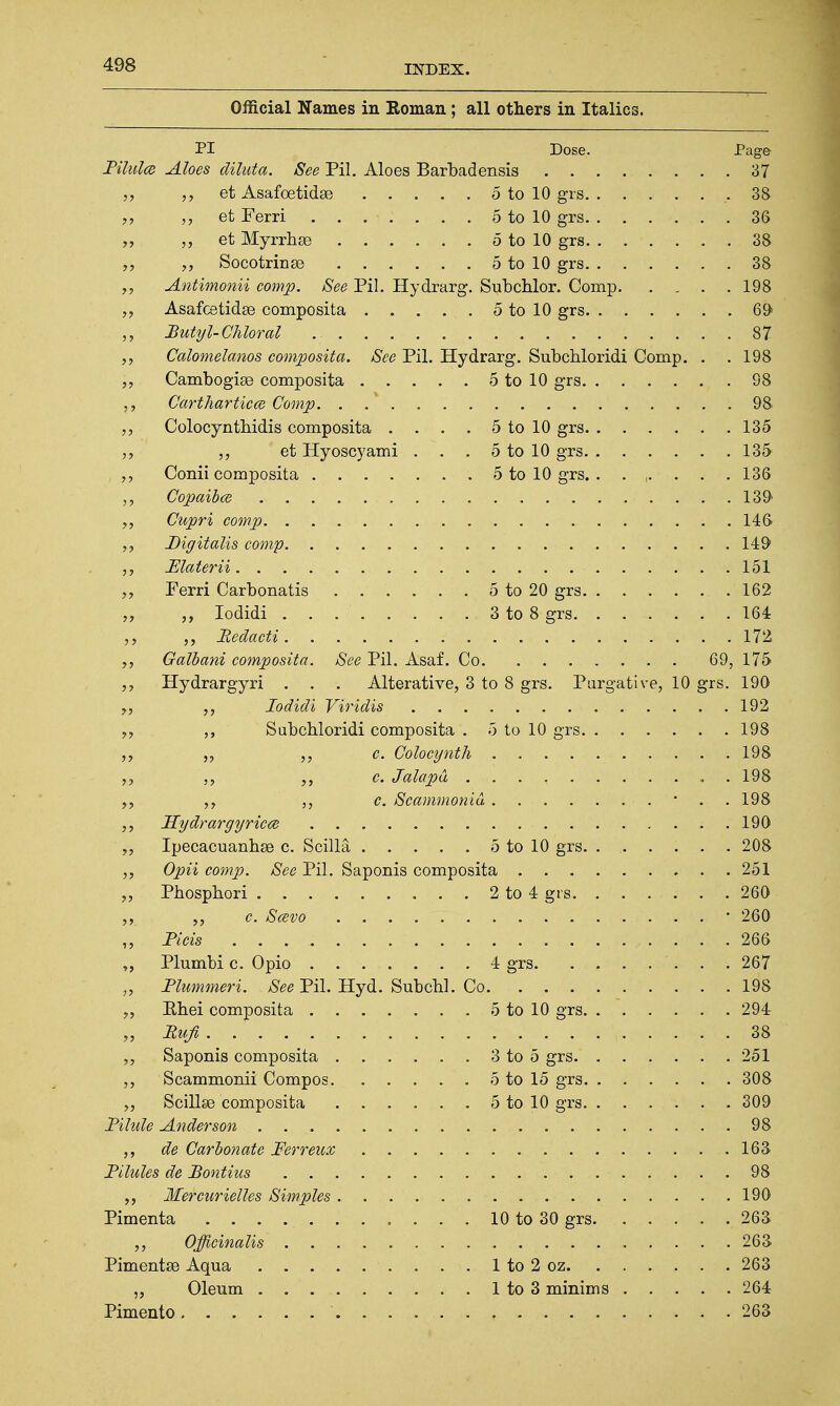 Official Names in Roman; all others in Italics. PI Dose. Page Pilules Aloes diluta. See Pil. Aloes Barbadensis 37 „ et Asafoetidae 5 to 10 grs ..38 „ et Ferri . . . . . . . 5 to 10 grs 36 „ „ et Myrrhae 5 to 10 grs 38 „ Socotrinse 5 to 10 grs 38 Antimonii comp. See Pil. Hydrarg. Subchlor. Comp 198 „ Asafcetidaa composita 5 to 10 grs 69= ,, Butyl-Chloral 87 „ Calomelanos composita. See Pil. Hydrarg. Subchloridi Comp. . . 198 Cambogise composita 5 to 10 grs 98 Cartharticce Comp 98 „ Colocynthidis composita . . . . 5 to 10 grs 135 „ et Hyoscyami . . . 5 to 10 grs 135 Conii composita 5 to 10 grs. . ...... 136 Copaibce 139 Cupri comp 146 „ Digitalis comp 149* Platerii 151 ,, Ferri Carbonatis ...... 5 to 20 grs 162 „ Iodidi 3 to 8 grs 164 Redacti 172 „ Galbani composita. See Pil. Asaf. Co 69, 175 Hydrargyri . . . Alterative, 3 to 8 grs. Purgative, 10 grs. 190 Iodidi Viridis 192 Subchloridi composita . 5 to 10 grs 198 ,, c. Colocynth 198 c. Jalapd . 198 ,, c. Scammoniu ■ . .198 Hydrargyricce 190 Ipecacuanhas c. Scilla 5 to 10 grs. . 208 ,, Opii comp. See Pil. Saponis composita 251 „ Phosphori 2 to 4 grs 260 c. Scevo ' 260 Picis 266 „ Plumbi c. Opio 4 grs 267 „ JPlummeri. See Pil. Hyd. Subchl. Co 198 „ Ehei composita 5 to 10 grs 294 „ Eufi 38 „ Saponis composita 3 to 5 grs 251 ,, Scammonii Compos. . . . . . 5 to 15 grs 308 „ Scillse composita 5 to 10 grs 309 Pilule Anderson 98 de Carbonate Ferreux 163 Pilules de Pontius 98 „ Mercurielles Simples 190 Pimenta ........... 10 to 30 grs 263 „ Officinalis 263. Pimentse Aqua . . . 1 to 2 oz. 263 „ Oleum 1 to 3 minims 264 Pimento 263