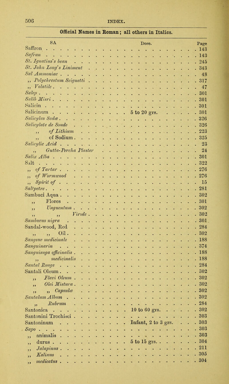 Official Names in Roman; all others in Italics. SA Dose. Page Saffron 143 Safran 143 St. Ignatius's bean 245 St. John Long''s Liniment . 343 Sal Ammoniac . . . 48 PolychrestumSeignetti 317 Volatile 47 Salep 301 Salib Misri ' 301 Salicin 301 Salicinum 5 to 20 grs 301 Salicylas Sodce 326 Salicylate de Soude . 326 of Lithium 223 of Sodium 325 Salicylic Acid 23 Gutta-Percha Plaster 24 Salix Alba 301 Salt 322 of Tartar 276 of Wormwood 276 Spirit of . . 15 Saltpetre 281 Sambuci Aqua . 302 „ Flores 301 ,, Unguentum . 302 „ Vinde . 302 Sambucus nigra 301 Sandal-wood, Bed 284 „ Oil . 302 Sangsue medicinale 188 Sanguinarin 374 Sanguisuga officinalis * 188 ,, medicinalis ; 188 Santal Rouge .284 Santali Oleum 302 Flavi Oleum 302 „ Olei Mistura 302 „ Capsulce 302 S ant alum Album 302 Pubrum 284 Santonica 10 to 60 grs 302 Santonini Trochisci 303 Santoninum Infant, 2 to 3 grs. . . . 303 , Sapo 303 animalis 303 durus 5 to 15 grs 304 Jalapinus 211 ,, Kalinus 305 ,, medicatus 304