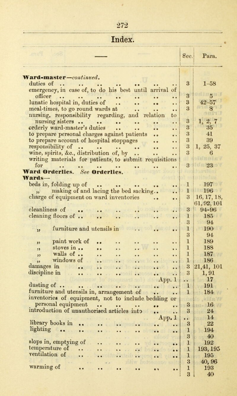 * 272 Index. Para. Ward-master —continued* duties of .. ., ,, . • emergency, in case of, to do his best until arrival of officer .. .. ,, ,. lunatic hospital in, duties of meal-times, to go round wards at nursing, responsibility regarding, and relation to nursing sisters • • • • ,. orderly ward-master's duties . • , • to prepare personal charges against patients to prepare account of hospital stoppages responsibility of ,. .. .. ,, wine, spirits, &c., distribution of, by .. writing materials for patients, to submit requisitions f 01 •• •• »• ,« «, Ward Orderlies. See Orderlies. Wards- beds in, folding up of , • .. .. ,, „ making of and lacing the bed sacking., charge of equipment on ward inventories . • cleanliness of cleaning floors of . • if furniture and utensils in paint work of stoves ia . • walls of .. „ windows of damages in ,« discipline in ,, >3 t • • * App. dusting of ., ,, ,, furniture and utensils in, arrangement of inventories of equipment, not to include bedding or personal equipment ,. ,. .. ,, introduction of unauthorised articles into • • App, library books in lighting slops in, emptying of temperature of ventilation of warming of ,, 3 3 3 3 3 3 3 3 3 1 1 3 3 1 3 1 3 1 1 1 1 3 3 • 1 1 3 3 . 3 1 3 1 1 1 3 1 3 1-58 5 42-57 8 1, 2, 7 35 41 39 1, 25, 37 6 23 197 196 16,17,18, 61,92,101 94-96 185 94 190 94 189 188 187 186 21,41, 101 1,91 17 191 184 16 24 14 22 194 40 192 193,195 195 40, 96 193 40