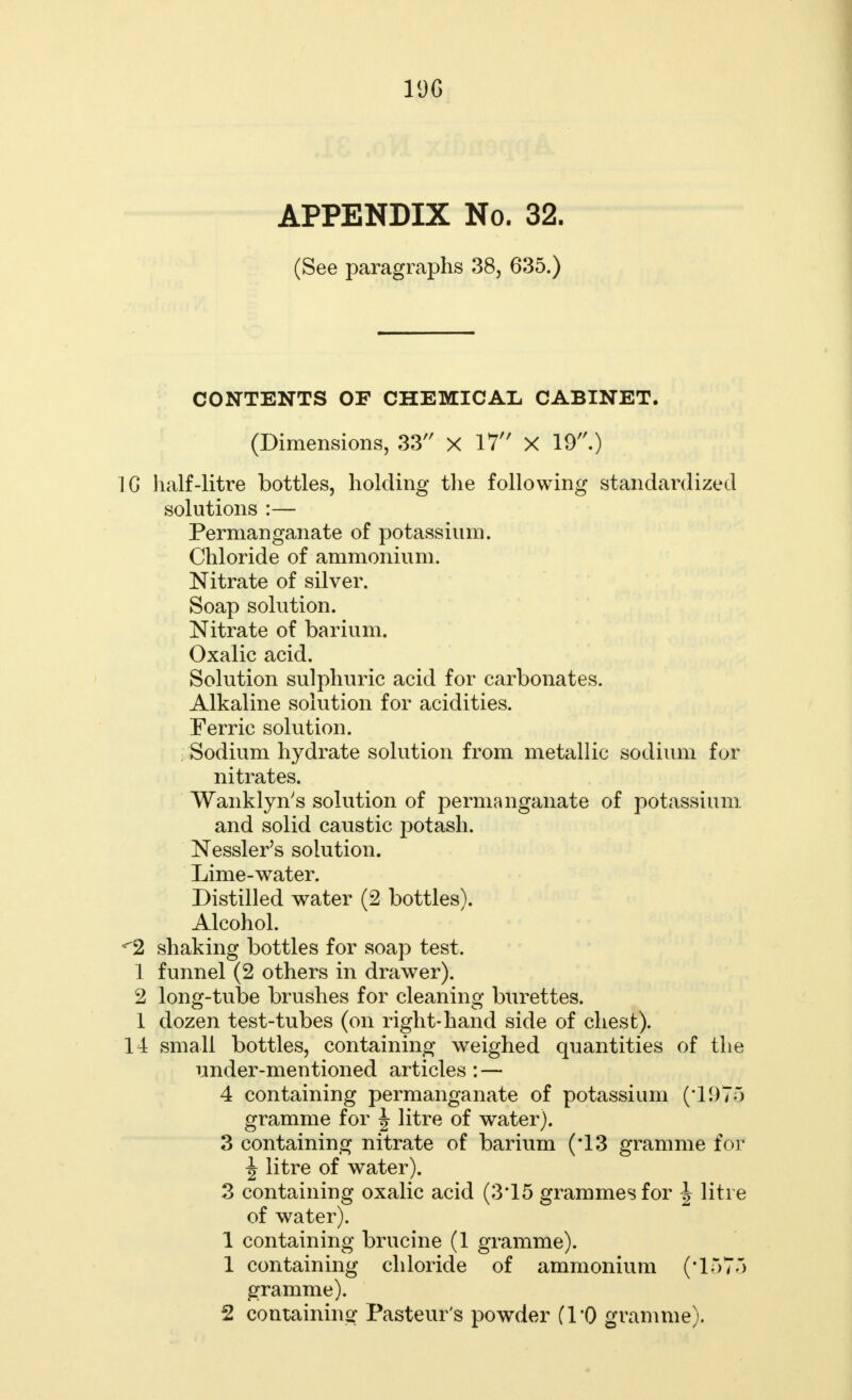 APPENDIX No. 32. (See paragraphs 38, 635.) CONTENTS OF CHEMICAL CABINET. (Dimensions, 33 X 17 X 19.) 1G half-litre bottles, holding the following standardized solutions :— Permanganate of potassium. Chloride of ammonium. Nitrate of silver. Soap solution. Nitrate of barium. Oxalic acid. Solution sulphuric acid for carbonates. Alkaline solution for acidities. Ferric solution. Sodium hydrate solution from metallic sodium for nitrates. Wanklyn's solution of permanganate of potassium. and solid caustic potash. Nessler's solution. Lime-water. Distilled water (2 bottles). Alcohol. ^2 shaking bottles for soap test. 1 funnel (2 others in drawer). 2 long-tube brushes for cleaning burettes. 1 dozen test-tubes (on right-hand side of chest). 14 small bottles, containing weighed quantities of the under-mentioned articles : — 4 containing permanganate of potassium (*1975 gramme for \ litre of water). 3 containing nitrate of barium (*13 gramme for \ litre of water). 3 containing oxalic acid (3*15 grammes for J litre of water). 1 containing brucine (1 gramme). 1 containing chloride of ammonium ('1575 gramme). 2 containing Pasteur's powder (1*0 gramme).