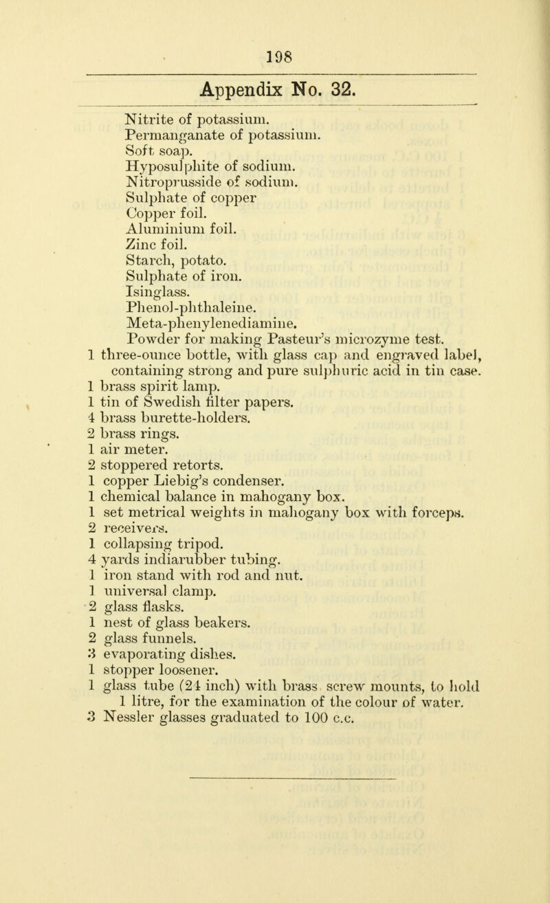 Appendix No. 32. Nitrite of potassium. Permanganate of potassium. Soft soap. Hyposulphite of sodium. Nitroprusside of sodium. Sulphate of copper Copper foil. Aluminium foil. Zinc foil. Starch, potato. Sulphate of iron. Isinglass. Phenol-phthaleine. Meta-phenylenediamine. Powder for making Pasteur's microzyme test. 1 three-ounce bottle, with glass cap and engraved label, containing strong and pure sulphuric acid in tin case. 1 brass spirit lamp. 1 tin of Swedish filter papers. 4 brass burette-holders. 2 brass rings. 1 air meter. 2 stoppered retorts. 1 copper Liebig's condenser. 1 chemical balance in mahogany box. 1 set metrical weights in mahogany box with forceps. 2 receivers. 1 collapsing tripod. 4 yards indiarubber tubing. 1 iron stand with rod and nut. 1 universal clamp. 2 glass flasks. 1 nest of glass beakers. 2 glass funnels. 3 evaporating dishes. 1 stopper loosener. 1 glass tube (24 inch) with brass screw mounts, to hold 1 litre, for the examination of the colour of water. 3 Nessler glasses graduated to 100 c.c.