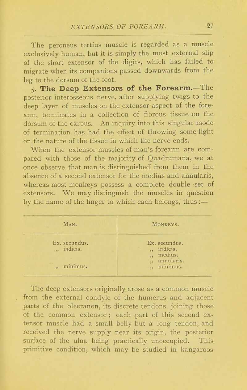 The peroneus tertius muscle is regarded as a muscle exclusively human, but it is simply the most external slip of the short extensor of the digits, which has failed to migrate when its companions passed downwards from the leg to the dorsum of the foot, 5. The Deep Extensors of the Forearm.—The posterior interosseous nerve, after supplying twigs to the deep layer of muscles on the extensor aspect of the fore- arm, terminates in a collection of fibrous tissue on the dorsum of the carpus. An inquiry into this singular mode of termination has had the effect of throwing some light on the nature of the tissue in which the nerve ends. When the extensor muscles of man's forearm are com- pared with those of the majority of Quadrumana, we at once observe that man is distinguished' from them in the absence of a second extensor for the medius and annularis, whereas most monkeys possess a complete double -set of extensors. We may distinguish the muscles in question by the name of the finger to which each belongs, thus :— Man. Monkeys. Ex. secundus. Ex. secundus. ,, indicis. ,, indicis. ,, medius. ,, annularis. ,, minimus. ,, minimus. The deep extensors originally arose as a common muscle from the external condyle of the humerus and adjacent parts of the olecranon, its discrete tendons joining those of the common extensor ; each .part of this second ex- tensor muscle had a small belly but a long tendon, and received the nerve supply near its origin, the posterior surface of the ulna being practically unoccupied. This primitive condition, which may be studied in kangaroos