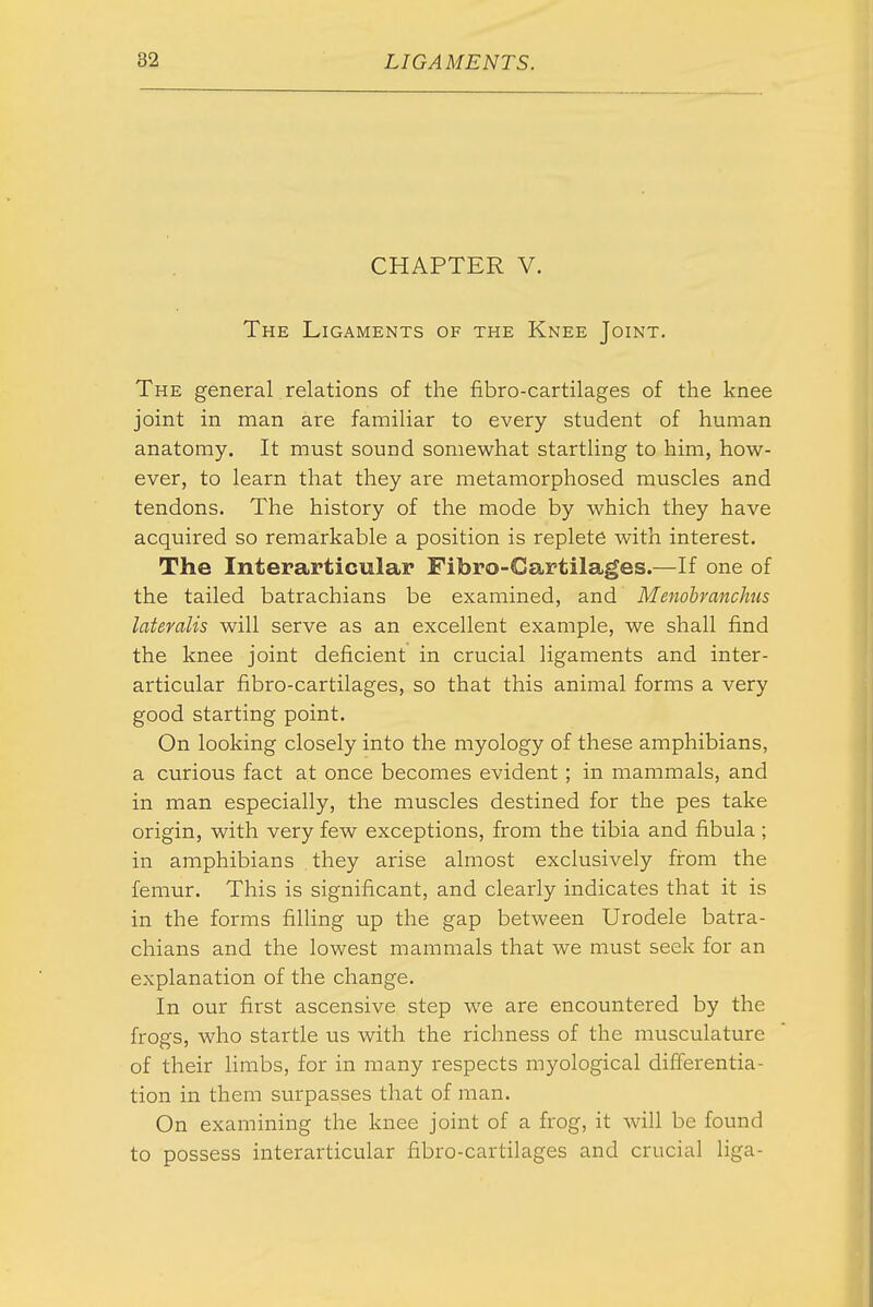 CHAPTER V. The Ligaments of the Knee Joint. The general relations of the fibro-cartilages of the knee joint in man are familiar to every student of human anatomy. It must sound somewhat startling to him, how- ever, to learn that they are metamorphosed muscles and tendons. The history of the mode by which they have acquired so remarkable a position is replete with interest. The Interarticular Fibro-Cartilages.—If one of the tailed batrachians be examined, and MenohrancJius lateralis will serve as an excellent example, we shall find the knee joint deficient in crucial ligaments and inter- articular fibro-cartilages, so that this animal forms a very good starting point. On looking closely into the myology of these amphibians, a curious fact at once becomes evident; in mammals, and in man especially, the muscles destined for the pes take origin, with very few exceptions, from the tibia and fibula ; in amphibians they arise almost exclusively firom the femur. This is significant, and clearly indicates that it is in the forms filling up the gap between Urodele batra- chians and the lowest mammals that we must seek for an explanation of the change. In our first ascensive step we are encountered by the frogs, who startle us with the richness of the musculature of their limbs, for in many respects myological differentia- tion in them surpasses that of man. On examining the knee joint of a frog, it will be found to possess interarticular fibro-cartilages and crucial liga-