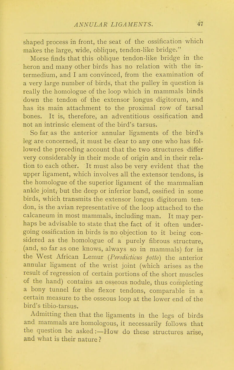 shaped process in front, the seat of the ossification which makes the large, wide, obHque, tendon-hke bridge. Morse finds that this obhque tendon-Hke bridge in the heron and many other birds has no relation with the in- termedium, and I am convinced, from the examination of a very large number of birds, that the pulley in question is really the homologue of the loop which in mammals binds down the tendon of the extensor longus digitorum, and has its main attachment to the proximal row of tarsal bones. It is, therefore, an adventitious ossification and not an intrinsic element of the bird's tarsus. So far as the anterior annular ligaments of the bird's leg are concerned, it must be clear to any one who has fol- lowed the preceding account that the two structures differ very considerably in their mode of origin and in their rela- tion to each other. It must also be very evident that the upper ligament, which involves all the extensor tendons, is the homologue of the superior ligament of the mammalian ankle joint,- but the deep or inferior band, ossified in some birds, which transmits the extensor longus digitorum ten- don, is the avian representative of the loop attached to the calcaneum in most mammals, including man. It may per- haps be advisable to state that the fact of it often under- going ossification in birds is no objection to it being con- sidered as the homologue of a purely fibrous structure, (and, so far as one knows, always so in mammals) for in the West African Lemur {Perodicticus potto) the anterior annular ligament of the wrist joint (which arises as the result of regression of certain portions of the short muscles of the hand) contains an osseous nodule, thus completing a bony tunnel for the flexor tendons, comparable in a certain measure to the osseous loop at the lower end of the bird's tibio-tarsus. Admitting then that the ligaments in the legs of birds and mammals are homologous, it necessarily follows that the question be asked:—How do these structures arise, and what is their nature ?
