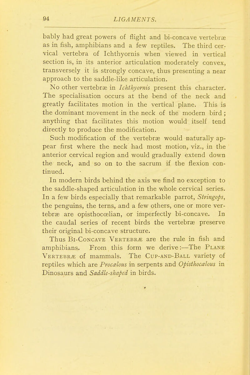 bably had great powers of flight and bi-concave vertebrae as in fish, amphibians and a few reptiles. The third cer- vical vertebra of Ichthyornis when viewed in vertical section is, in its anterior articulation moderately convex, transversely it is strongly concave, thus presenting a near approach to the saddle-like articulation. No other vertebrae in Ichthyornis present this character. The specialisation occurs at the bend of the neck and greatly facilitates motion in the vertical plane. This is the dominant movement in the neck of the modern bird ; anything that facilitates this motion would itself tend directly to produce the modification. Such modification of the vertebrae would naturally ap- pear first where the neck had most motion, viz., in the anterior cervical region and would gradually extend down the neck, and so on to the sacrum if the flexion con- tinued. In modern birds behind the axis we find no exception to the saddle-shaped articulation in the whole cervical series. In a few birds especially that remarkable parrot, Stringops, the penguins, the terns, and a few others, one or more ver- tebrae are opisthoccelian, or imperfectly bi-concave. In the caudal series of recent birds the vertebrae preserve their original bi-concave structure. Thus Bi-CoNCAVE Vertebrae are the rule in fish and amphibians. From this form we derive:—The Plane Vertebra of mammals. The Cup-and-Ball variety of reptiles which are Proccelous in serpents and Opisthocalous in Dinosaurs and Saddle-shaped in birds.