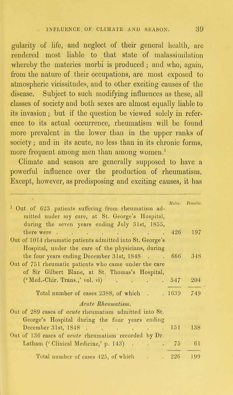 gulaiity of life, and neglect of their general health, are rendered most liable to that state of raalassimilation whereby the materies niorbi is produced ; and who, again, from the nature of their occupations, are most exposed to atmospheric vicissitudes, and to other exciting causes of the disease. Subject to such modifying influences as these, all classes of society and both sexes are almost equally liable to its invasion; but if the question be viewed solely in refer- ence to its actual occurrence, rheumatism will be found more prevalent in the lower than in the upper ranks of society; and in its acute, no less than in its chronic forms, more frequent among men than among women.^ Climate and season are generally supposed to have a powerfid influence over the production of rheumatism. Except, however, as predisposing and exciting causes, it has Males. Females. ^ Out of 623 patients suffering from rheumatism ad- mitted under my care, at St. George's Hospital, during the seven years ending July 31st, 1855, there were ........ 426 197 Out of 1014 rheumatic patients admitted into St. George's Hospital, under the care of the physicians, during the four years ending December 31st, 1848 . . 666 348 Out of 751 rheumatic patients who came under the care of Sir Gilbert Blane, at St. Thomas's Hospital, ('Med.-Chir. Trans.,' vol. vi) . . . .547 204 Total number of cases 2388, of which . . 1639 749 Acute Rheumatism. Out of 289 cases of acute rheumatism admitted into St. George's Hospital during the four years ending December 31st, 1848 151 138 Out of 136 cases of acute rheumatism recorded by Dr. Latham ('Clinical Medicine,'p. 143) . . .75 61 Total number of cases 425, of which . . 226 199