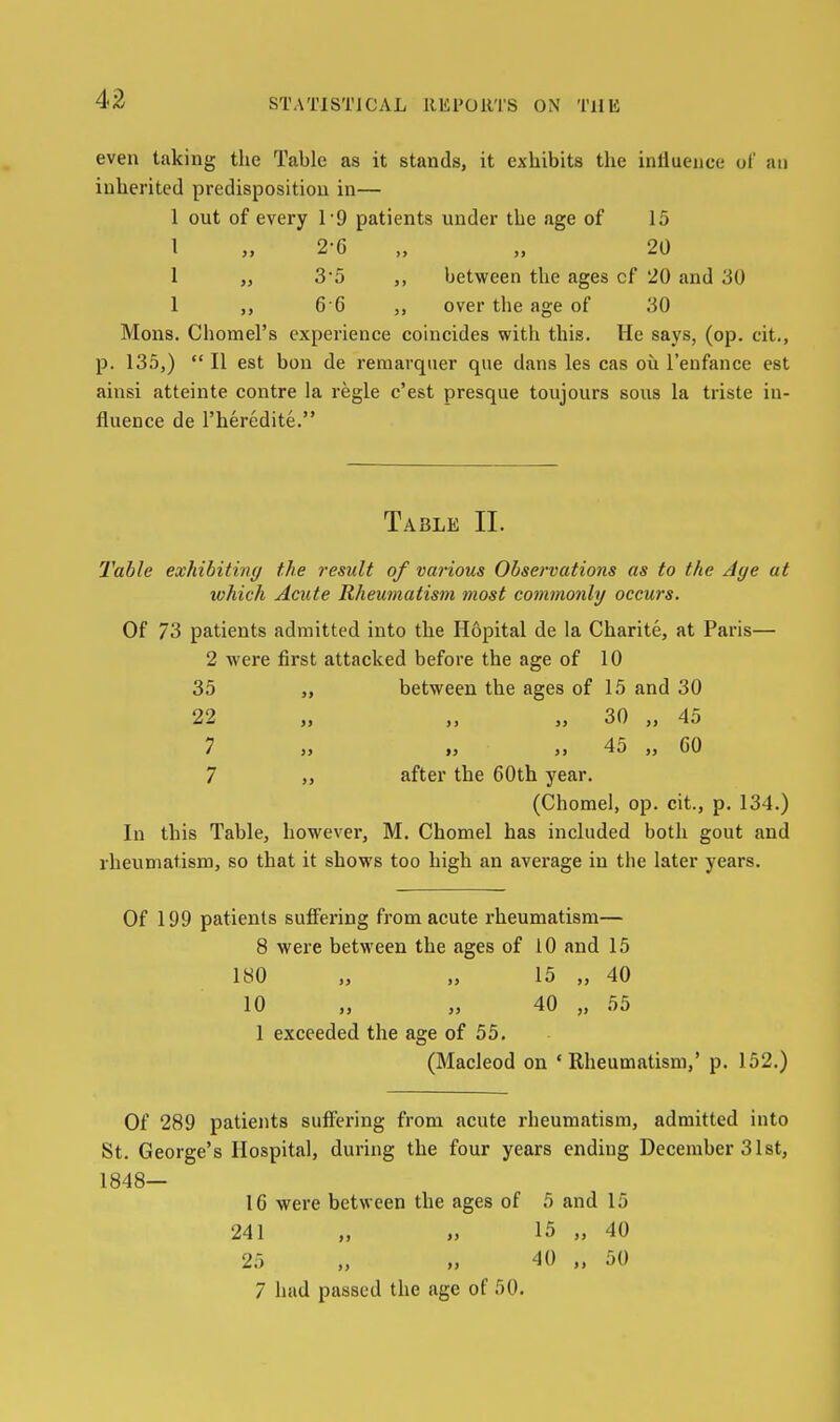 STATISTICAL REPORTS ON THE even taking the Table as it stands, it exhibits the influence of an inherited predisposition in— 1 out of every I'd patients under the age of 15 I 2-6 „ „ 20 1 „ 3*5 between the ages cf '20 and 30 1 J, 6 6 over the age of 30 Mons. Chomel's experience coincides with this. He says, (op. cit., p. 135,)  II est bou de remarquer que dans les cas ou I'enffince est ainsi atteinte centre la regie c'est presque toujours sous la triste in- fluence de I'heredite. Table II. liable exhibiting the result of various Observations as to the Age at which Acute Rheumatism most commonly occurs. Of 73 patients admitted into the Hopital de la Charite, at Paris— 2 were first attacked before the age of 10 35 „ between the ages of 15 and 30 22 ,, 30 ,, 45 7 » „ „ 45 „ 60 7 „ after the 60th year. (Chomel, op. cit., p. 134.) In this Table, however, M. Chomel has included both gout and rheumatism, so that it shows too high an average in the later years. Of 199 patients suffering from acute rheumatism— 8 were between the ages of 10 and 15 180 „ „ 15 „ 40 10 „ „ 40 „ 55 1 exceeded the age of 55. (Macleod on 'Rheumatism,' p. 152.) Of 289 patients suffering from acute rheumatism, admitted into St. George's Hospital, during the four years ending December 31st, 1848— 16 were between the ages of 5 and 15 241 „ „ 15 „ 40 25 „ „ 40 ,, 50 7 had passed the age of 50.