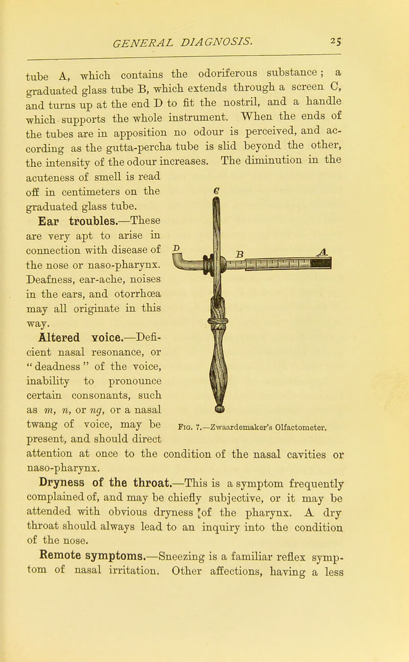 tube A, whicli contains the odoriferous substance; a graduated glass tube B, which extends through a screen C, and turns up at the end D to fit the nostril, and a handle which -supports the whole instrument. When the ends of the tubes are in apposition no odour is perceived, and ac- cording as the gutta-percha tube is slid beyond the other, the intensity of the odour increases. The diminution in the acuteness of smell is read off in centimeters on the graduated glass tube. Ear troubles.—These are very apt to arise in coimection with disease of the nose or naso-pharynx. Deafness, ear-ache, noises in the ears, and otorrhoea may all originate in this way. Altered Yoice.—Defi- cient nasal resonance, or  deadness  of the voice, inability to pronounce certain consonants, such as m, n, or ng, or a nasal twang of voice, may be Fio. r.-Zwaardemaker'a olfactometer, present, and should direct attention at once to the condition of the nasal cavities or naso-pharynx. Dryness of the throat.—This is a symptom frequently complained of, and may be chiefly subjective, or it may be attended with obvious dryness 'of the pharynx. A dry throat should always lead to an inquiry into the condition of the nose. Remote symptoms.—Sneezing is a familiar reflex symp- tom of nasal irritation. Other affections, having a less