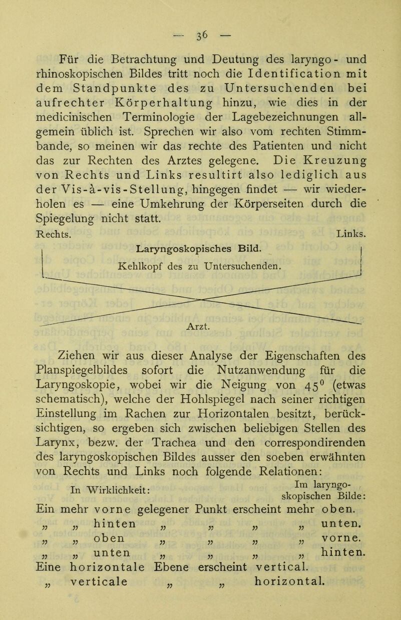 Für die Betrachtung und Deutung des laryngo- und rhinoskopischen Bildes tritt noch die Identification mit dem Standpunkte des zu Untersuchenden bei aufrechter Körperhaltung hinzu, wie dies in der medicinischen Terminologie der Lagebezeichnungen all- gemein üblich ist. Sprechen wir also vom rechten Stimm- bande, so meinen wir das rechte des Patienten und nicht das zur Rechten des Arztes gelegene. Die Kreuzung von Rechts und Links resultirt also lediglich aus der Vis-ä-vis-Stellung, hingegen findet — wir wieder- holen es — eine Umkehrung der Körperseiten durch die Spiegelung nicht statt. Rechts. Links. Laryngoskopisches Bild. Kehlkopf des zu Untersuchenden. Ziehen wir aus dieser Analyse der Eigenschaften des Planspiegelbildes sofort die Nutzanwendung für die Laryngoskopie, wobei wir die Neigung von 450 (etwas schematisch), welche der Hohlspiegel nach seiner richtigen Einstellung im Rachen zur Horizontalen besitzt, berück- sichtigen, so ergeben sich zwischen beliebigen Stellen des Larynx, bezw. der Trachea und den correspondirenden des laryngoskopischen Bildes ausser den soeben erwähnten von Rechts und Links noch folgende Relationen: In Wirklichkeit: , In? i^0 skopischen Bilde: Ein mehr vorne gelegener Punkt erscheint mehr oben. „ „ hinten „ g „ „ unten. » » oben „ „ „ „ vorne. „ „ unten „ „ „ „ hinten. Eine horizontale Ebene erscheint vertical. „ verticale „ „ horizontal.