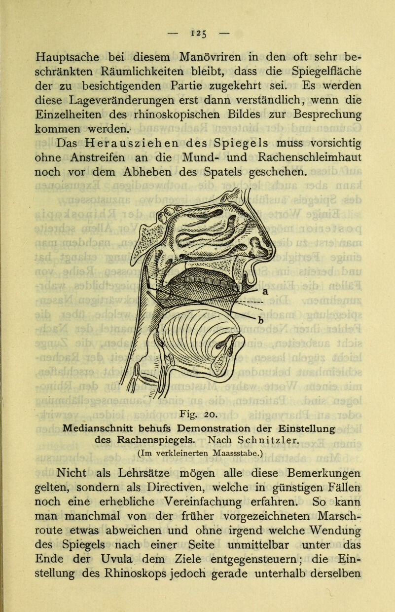 Hauptsache bei diesem Manövriren in den oft sehr be- schränkten Räumlichkeiten bleibt, dass die Spiegelfläche der zu besichtigenden Partie zugekehrt sei. Es werden diese Lageveränderungen erst dann verständlich, wenn die Einzelheiten des rhinoskopischen Bildes zur Besprechung kommen werden. Das Herausziehen des Spiegels muss vorsichtig ohne Anstreifen an die Mund- und Rachenschleimhaut noch vor dem Abheben des Spatels geschehen. Fig. 20. Medianschnitt behufs Demonstration der Einstellung des Rachenspiegels. Nach Schnitzler. (Im verkleinerten Maassstabe.) Nicht als Lehrsätze mögen alle diese Bemerkungen gelten, sondern als Directiven, welche in günstigen Fällen noch eine erhebliche Vereinfachung erfahren. So kann man manchmal von der früher vorgezeichneten Marsch- route etwas abweichen und ohne irgend welche Wendung des Spiegels nach einer Seite unmittelbar unter das Ende der Uvula dem Ziele entgegensteuern; die Ein- stellung des Rhinoskops jedoch gerade unterhalb derselben