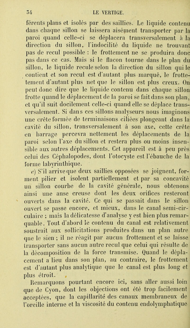 férents plans et isolés par des saillies. Le liquide contenu dans chaque sillon se laissera aisément transporter par la paroi quand celle-ci se déplacera transversalement à la direction du sillon, l'indocilité du liquide ne trouvant pas de recul possible : le frottement ne se produira donc pas dans ce cas. Mais si le flacon tourne dans le plan du sillon, le liquide recule selon la direction du sillon qui le contient et son recul est d'autant plus marqué, le frotte- tement d'autant plus net que le sillon est plus creux. On peut donc dire que le liquide contenu dans chaque sillon frotte quand le déplacement de la paroi se fait dans son plan, et qu'il suit docilement celle-ci quand elle se déplace trans- versalement. Si dans ces sillons analyseurs nous imaginons une crête formée de terminaisons ciliées plongeant dans la cavité du sillon, transversalement à son axe, cette crête en barrage percevra nettement les déplacements de la paroi selon l'axe du sillon et restera plus ou moins insen- sible aux autres déplacements. Cet appareil est à peu près celui des Céphalopodes, dont l'otocyste est l'ébauche de la forme labyrinthique. c.) S'il arrive que deux saillies opposées se joignent, for- ment pilier et isolent partiellement et par sa concavité un sillon courbe de la cavité générale, nous obtenons ainsi une anse creuse dont les deux orifices resteront ouverts dans la cavité. Ce qui se passait dans le sillon ouvert se passe encore, et mieux, dans le canal semi-cir- culaire ; mais la délicatesse d'analyse y est bien plus remar- quable. Tout d'abord le contenu du canal est relativement soustrait aux sollicitations produites dans un plan autre qne le sien ; il ne réagit par aucun frottement et se laisse transporter sans aucun autre recul que celui qui résulte de la décomposition de la force transmise. Quand le dépla- cement a lieu dans son plan, au contraire, le frottement est d'autant plus analytique que le canal est plus long et plus étroit. Remarquons pourtant encore ici, sans aller aussi loin que de Cyon, dont les objections ont été trop facilement acceptées, que la capillarité des canaux membraneux de l'oreille interne et la viscosité du contenu endolymphatique