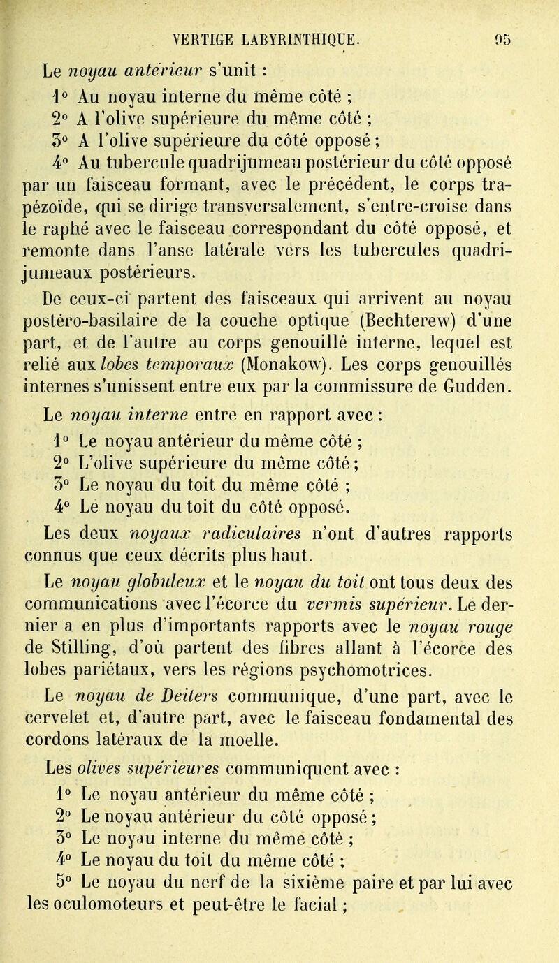 Le noyau antérieur s'unit : 1° Au noyau interne du même côté ; 2° À l'olive supérieure du même côté ; 3° A l'olive supérieure du côté opposé ; 4° Au tubercule quadrijumeau postérieur du côté opposé par un faisceau formant, avec le précédent, le corps tra- pézoïde, qui se dirige transversalement, s'entre-croise dans le raphé avec le faisceau correspondant du côté opposé, et remonte dans l'anse latérale vers les tubercules quadri- jumeaux postérieurs. De ceux-ci partent des faisceaux qui arrivent au noyau postéro-basilaire de la couche optique (Bechterew) d'une part, et de l'autre au corps genouillé interne, lequel est relié aux lobes temporaux (Monakow). Les corps genouillés internes s'unissent entre eux par la commissure de Gudden. Le noyau interne entre en rapport avec : 1° Le noyau antérieur du même côté ; 2° L'olive supérieure du même côté ; 3° Le noyau du toit du même côté ; 4° Le noyau du toit du côté opposé. Les deux noyaux radiculaires n'ont d'autres rapports connus que ceux décrits plus haut. Le noyau globuleux et le noyau du toit ont tous deux des communications avec l'écorce du verrais supérieur. Le der- nier a en plus d'importants rapports avec le noyau rouge de Stilling, d'où partent des fibres allant à l'écorce des lobes pariétaux, vers les régions psychomotrices. Le noyau de Deiters communique, d'une part, avec le cervelet et, d'autre part, avec le faisceau fondamental des cordons latéraux de la moelle. Les olives supérieures communiquent avec : 1° Le noyau antérieur du même côté ; 2° Le noyau antérieur du côté opposé ; 3° Le noyau interne du même côté ; 4° Le noyau du toit du même côté ; 5° Le noyau du nerf de la sixième paire et par lui avec les oculomoteurs et peut-être le facial ;