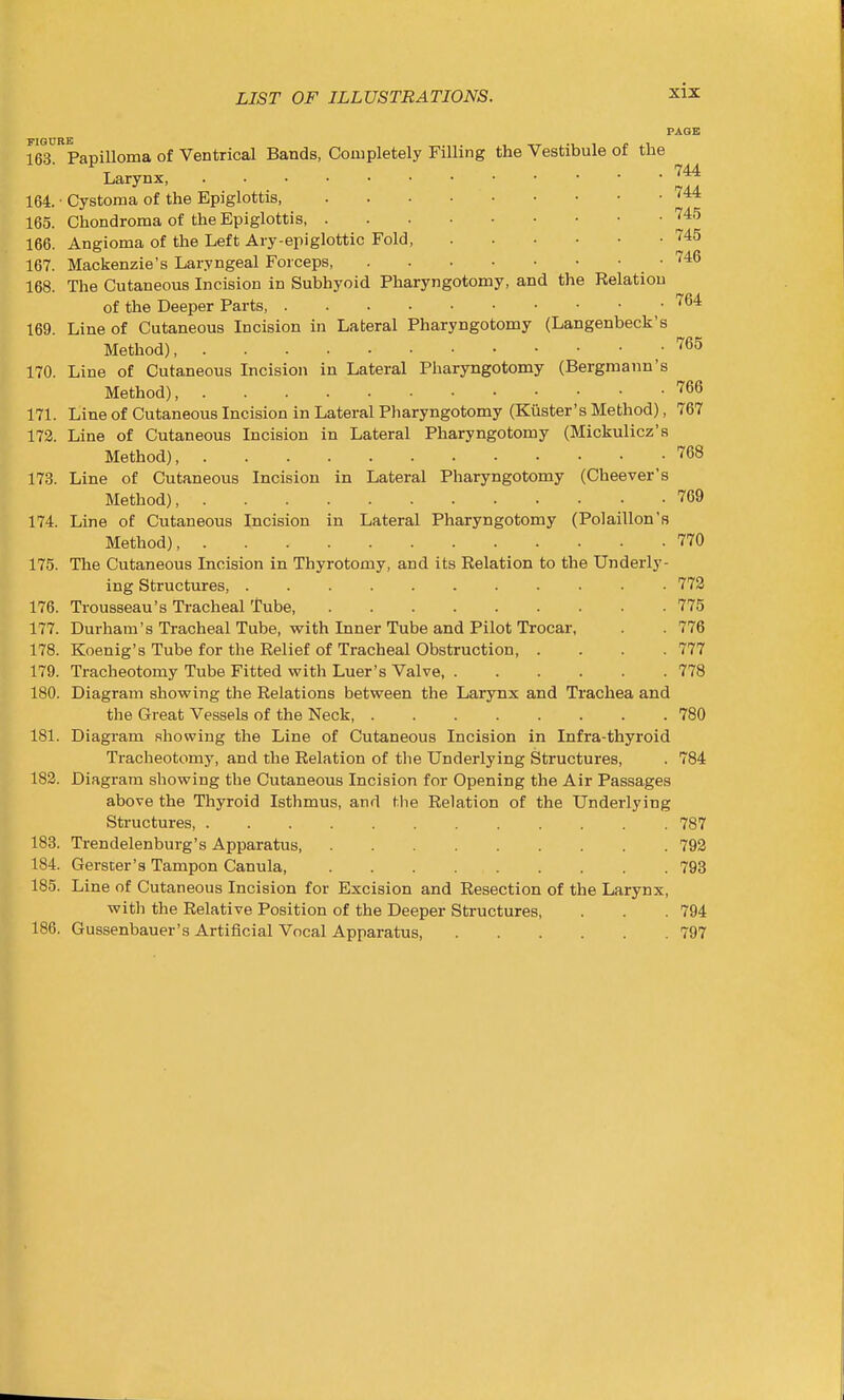 PAGE m^Papilloma of Ventrical Bands, Completely Filling the Vestibule of the 744- Larynx, 164. • Cystoma of the Epiglottis, ''^^ 165. Chondroma of the Epiglottis, '^^•'5 166. Angioma of the Left Ary-epiglottic Fold, 745 167. Mackenzie's Laryngeal Forceps, .746 168. The Cutaneous Incision in Subhyoid Pharyngotomy, and the Relation of the Deeper Parts, ^64 169. Line of Cutaneous Incision in Lateral Pharyngotomy (Langenbeck's Method) ^^5 170. Line of Cutaneous Incision in Lateral Pharyngotomy (Bergmann's Method), ^66 171. Line of Cutaneous Incision in Lateral Pliaryngotomy (Kiister's Method), 767 172. Line of Cutaneous Incision in Lateral Pharyngotomy (Mickulicz's Method) 768 173. Line of Cutaneous Incision in Lateral Pharyngotomy (Cheever's Method), 769 174. Line of Cutaneous Incision in Lateral Pharyngotomy (PoJaillon's Method), 770 175. The Cutaneous Incision in Thyrotomy, and its Relation to the Underly- ing Structures 772 176. Trousseau's Tracheal tube, 775 177. Durham's Tracheal Tube, with Inner Tube and Pilot Trocar, . . 776 178. Koenig's Tube for the Relief of Tracheal Obstruction 777 179. Tracheotomy Tube Fitted with Luer's Valve, 778 180. Diagram showing the Relations between the Larynx and Trachea and the Great Vessels of the Neck 780 181. Diagram showing the Line of Cutaneous Incision in Infra-thyroid Tracheotomy, and the Relation of the Underlying Structures, . 784 182. Diagram showing the Cutaneous Incision for Opening the Air Passages above the Thyroid Isthmus, and tlie Relation of the Underlying Structures 787 183. Trendelenburg's Apparatus, 792 184. Gerster's Tampon Canula, 793 185. Line of Cutaneous Incision for Excision and Resection of the Larynx, with the Relative Position of the Deeper Structures, . . .794 186. Gussenbauer's Artificial Vocal Apparatus, 797