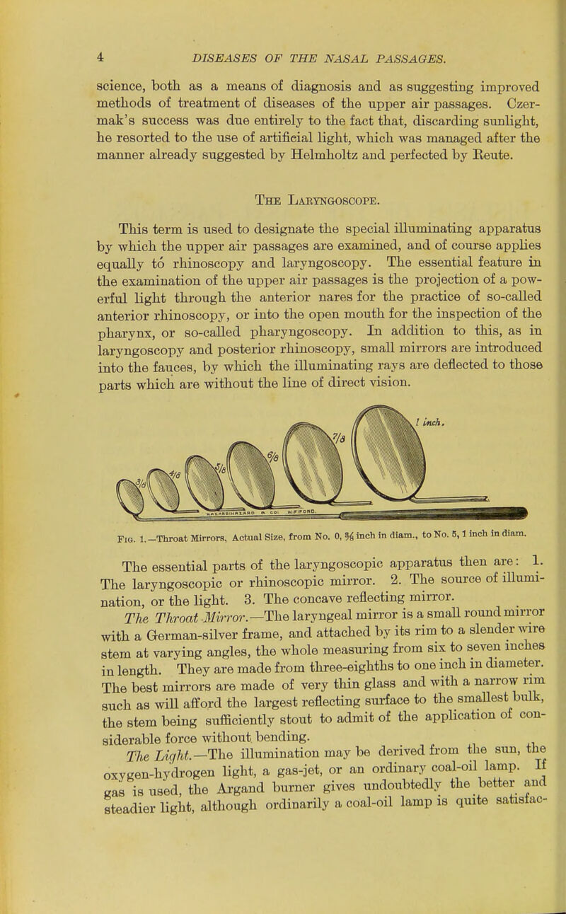 science, both as a means of diagnosis and as suggesting improved methods of treatment of diseases of the upper air passages. Czer- mak's success was due entirely to the fact that, discarding sunlight, he resorted to the use of artificial light, which was managed after the manner already suggested by Helmholtz and perfected by Eeute. The Laeyngoscope. This term is used to designate the special illuminating apparatus by which the upper air passages are examined, and of course applies equally to rhinoscopy and laryngoscopy. The essential feature in the examination of the upper air passages is the projection of a pow- erful light through the anterior nares for the practice of so-called anterior rhinoscopy, or into the open mouth for the inspection of the pharynx, or so-called pharyngoscopy. In addition to this, as in laryngoscopy and posterior rhinoscopy, small mirrors are introduced into the fauces, by which the illuminating rays are deflected to those parts which are without the line of direct vision. Fig. 1.-Throat Mirrors, Actual Size, from No. 0, % inch in diam., to No. 6,1 inch in diam. The essential parts of the laryngoscopic apparatus then are: 1. The laryngoscopic or rhinoscopic mirror. 2. The source of iUumi- nation, or the light. 3. The concave reflecting mirror. The Throat .llirror.—The laryngeal mirror is a small round mirror with a German-silver frame, and attached by its rim to a slender wire stem at varying angles, the whole measuring from six to seven inches in length. They are made from three-eighths to one inch m diameter. The best mirrors are made of very thin glass and with a narrow rim such as wiU afford the largest reflecting surface to the smaUest bulk, the stem being sufficiently stout to admit of the application of con- siderable force without bending. The Light—The illumination may be derived from the sun, the oxygen-hydrogen light, a gas-jet, or an ordinary coal-oil lamp. If gas is used, the Argand burner gives undoubtedly the better and steadier light, although ordinarily a coal-oil lamp is quite satisfac-