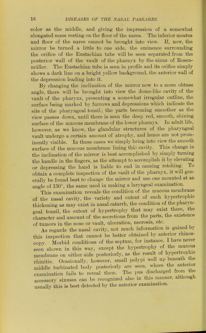 color as the middle, and giving the impression of a somewhat elongated mass resting on the floor of the nares. The inferior meatus and floor of the nares cannot be brought into view. If, now, the mirror be turned a little to one side, the eminence surrounding the orifice of the Eustachian tube will be seen separated from the posterior waU of the vault of the pharnyx by the sinus of Eosen- miiller. The Eustachian tube is seen in profile and its orifice simply shows a dark line on a bright yellow background, the anterior wall of the depression leading into it. By changing the inclination of the mirror now to a more obtuse angle, there will be brought into view the dome-like cavity of the vault of the pharynx, presenting a somewhat irregular outline, the surface being marked by furrows and depressions which indicate the site of the pharyngeal tonsil; the parts becoming smoother as the view passes down, until there is seen the deep red, smooth, shining surface of the mucous membrane of the lower pharnyx. In adult life, however, as we know, the glandular structures of the pharyngeal vault undergo a certain amount of atrophy, and hence are not prom- inently visible. In these cases we simply bring into view the smooth surface of the mucous membrane lining thio cavity. This change in the inclination of the mirror is best accomplished by simply turning the handle in the fingers, as the attempt to accomplish it by elevating or depressing the hand is liable to end in causing retching. To obtain a complete inspection of the vault of the pharnyx, it will gen- erally be found best to change the mirror and use one mounted at an angle of 130°, the same used in making a laryngeal examination. This examination reveals the condition of the mucous membrane of the nasal cavity, the variety and extent of such hypertrophic thickening as may exist in nasal catarrh, the condition of the pharyn- geal tonsil, the extent of hypertrophy that may exist there, the character and amount of the secretions from the parts, the existence of tumors in the nose or vault, ulceration, necrosis, etc. As regards the nasal cavity, not much information is gained by this inspection that cannot be better obtained by anterior rhinos- copy. Morbid conditions of the septum, for instance, I have never seen shown in this way, except the hypertrophy of the mucous membrane on either side posteriorly, as the result of hypertrophic rhinitis. Ocasionallv, however, small polypi well up beneath the middle turbinated body posteriorly are seen, where the anterior examination fails to reveal them. The pus discharged from the accessory sinuses can be recognized also in this manner, although usuaUy this is best detected by the anterior examination.