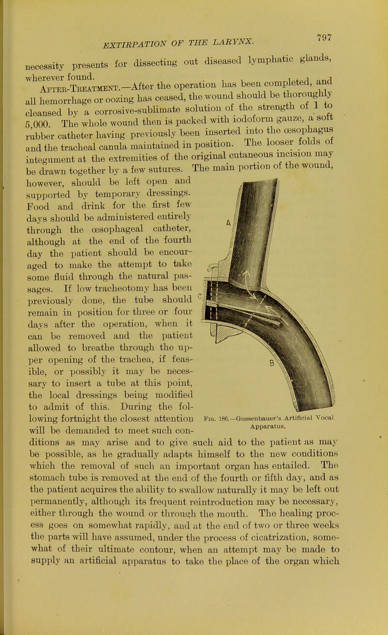 7Q7 EXTIRPATION OF THE LARYNX. necessity presents for dissecting out diseased lymphatic glands, wherever found. . c-nA AFTER-TBKATMENT.-Aiter the operation has been completed, and all hemorrhage or oozing has ceased, the wound should be thorough y cleansed by a corrosive-sublimate solution of the strength of 1 to 5 000 The whole wound then is packed with iodoform gauze, a soft ribber catheter having previously been inserted into the cEsophagus and the tracheal canula maintained in position. The looser folds ot integument at the extremities of the original cutaneous incision may be drawn together by a few sutures. The main portion of the wound, however, should be left open and supported by temporary dressings. Food and drink for the first few days should be administered entirely- through the oesophageal catheter, although at the end of the fourth day the patient should be encour- aged to make the attempt to take some fluid through the natural pas- sages. If low tracheotomy has been previously done, the tube should remain in position for three or four days after the operation, when it can be removed and the patient allowed to breathe through the up- per oiDening of the trachea, if feas- ible, or possibly it may be neces- sary to insert a tube at this point, the local dressings being modified to admit of this. During the fol- lowing fortnight the closest attention will be demanded to meet such con- ditions as may arise and to give such aid to the patient as ma;)' be possible, as he gradually adapts himself to the new conditions which the removal of such an important organ has entailed. The stomach tube is removed at the end of the fourth or fifth day, and as the patient acquires the ability to swallow naturally it may be left out permanently, although its frequent reintroduction may be necessary, either through the wound or through the mouth. The healing proc- ess goes on somewhat rapidly, and at the end of two or three weeks the parts will have assumed, under the process of cicatrization, some- what of their ultimate contour, when an attempt may be made to supply an artificial apparatus to take the place of the organ which Fig. 186.—GuBsenbauer's Artificial Vocal Apparatus.