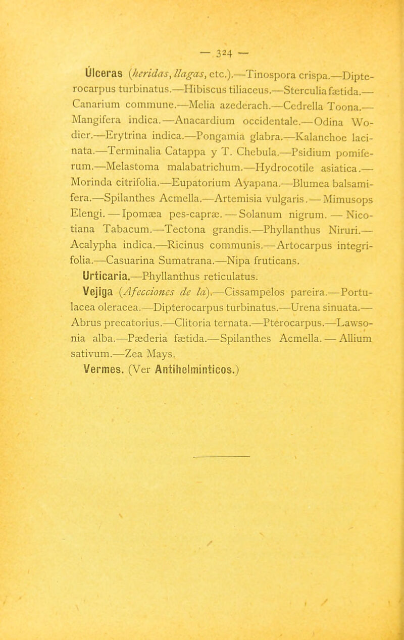 Ulceras {heridas, llagas, etc.).—Tinospora crispa.—Dipte- rocarpiis turbinatus.—Hibiscus tiliaceus.—Sterculiafaítida. Canarium commune.—Melia azederach.—Cediella Toona. Mangifera indica.—Anacardium occidcntale.—Odina Wo- dicr.—Erytrina indica.—Pongamia glabra.—Kalanchoe laci- nata.—Terminalia Catappa y T. Chebula.—Psidium pomife- rum.—Melastoina malabatrichum.—Hydrocotile asiática.— Morinda citrifolia.—Eupatorium Ayapana.—Blumea balsami- fera.—Spilantlies Acmella.—Artemisia vulgaris. — Mimusops Elengi. — Ipomaea pes-capra;. — Solanum nigrum.—Nico- tiana Tabacum.—Tectona grandis.—Phyllanthus Niruri.— Acalypha indica.—^Ricinus communis.—Artocarpus integri- folia.—Casuarina Sumatrana.—Ñipa fruticans. Urticaria.—Phyllanthus reticulatus. Vejiga {Afecciones de la).—Cissampelos pareira.— Portu- lacea olerácea.—Dipterocarpus turbinatus.—Urena sinuata.— Abrus precatorius.—Clitoria ternata.—Pterocarpus.—Lawso- nia alba.—Paederia faetida.—Spilanthes Acmella. — AUium sativum.—Zea Mays. Vermes. (Ver Antihelmínticos.)