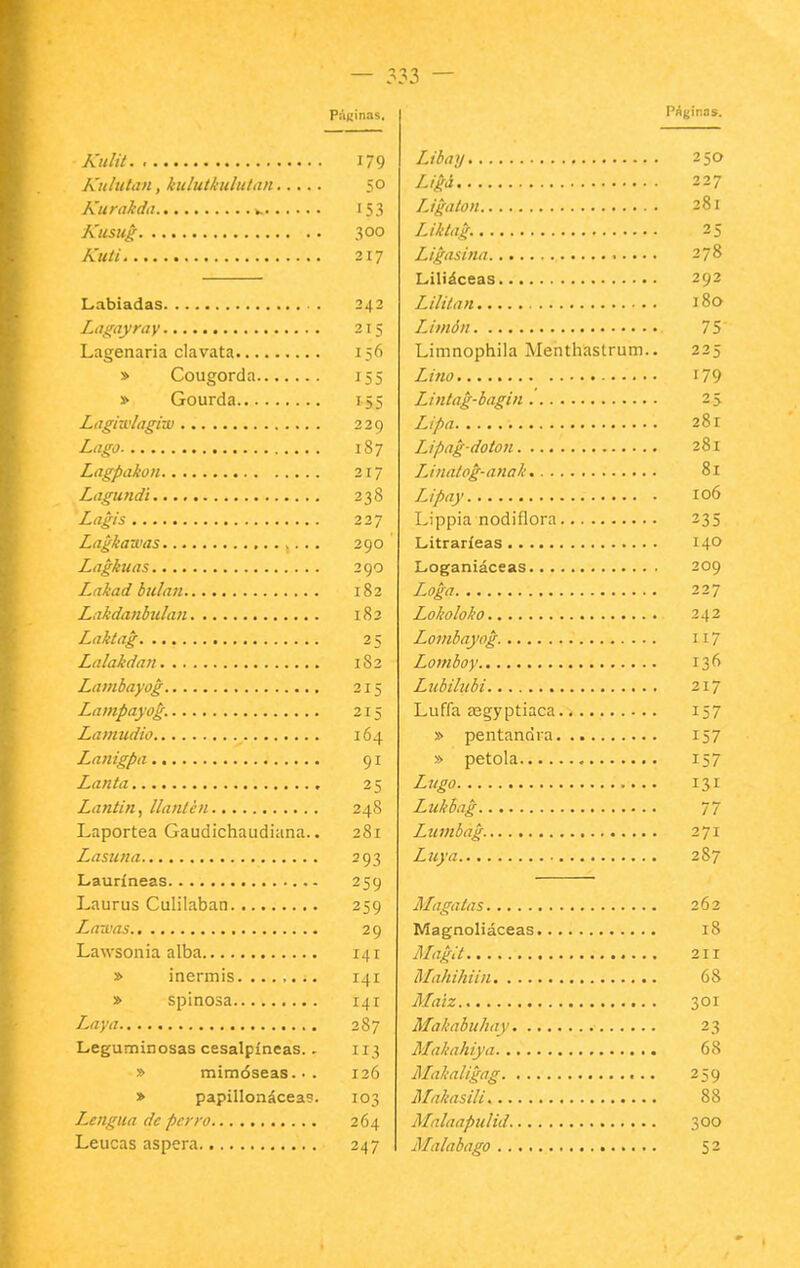33 — PáRÍnas. Kulit 179 Kulutan, kulutkulutan 50 Kurakda ». 153 Kusu¿ 300 Kuti 217 Labiadas 343 Lagayray 215 Lagenaria clavata 156 » Cougorda 155 » Gourda 155 Lagiwlagiw 229 Lago 187 Lagpakon 217 Ltigundi 238 Lagis 227 Lagkawas 290 Lagkuas 290 Lahad hilan 182 Lakdanbuhm 182 Laktag 25 Lalakdau 1S2 Lambayog 215 Lampayo¿. 215 Lamudio 164 Lanigpa 91 Lanía 25 Lantin, llantén 248 Laportea Gaudichaudiana.. 281 Lasuna 293 Lauríneas 259 Laurus Culilaban 259 La-dias 29 Lawsonia alba 141 » inermis 141 » spinosa 141 Laya 287 Leguminosas cesalpíneas.. 113 » mimóseas. • . 126 » papillonáceas. 103 Lengua de perro 264 Leucas áspera 247 Páginas. Libay 250 Liga 227 TJgaton 281 Liktag. 25 Ligasina 278 Liliáceas 292 Lilitan 180 Unión 75 Limnophila Mentliastrum.- 225 Lino 179 Linta¿-bagin 25 Lipa 281 Lipag-doton 281 Linatog-anali 81 Lipay 106 Lippia nodiflora 235 Litrarieas 140 Loganiáceas 209 Loga 227 Lolioloko 242 Lambayog 117 Loniboy 136 Lubilubi 217 Luffa aegyptiaca 157 » pentandra 157 » petóla 157 Lugo 131 Lukbag 77 Lumbag. 271 Luya 287 Maga tas 262 Magnoliáceas 18 Alaglt 21 r Mahihiin 68 Maiz 301 Makabuhay 23 Makahiya 68 Malialigag 259 Maliasili 88 MalaapuUd 300 j\Lilabago 52