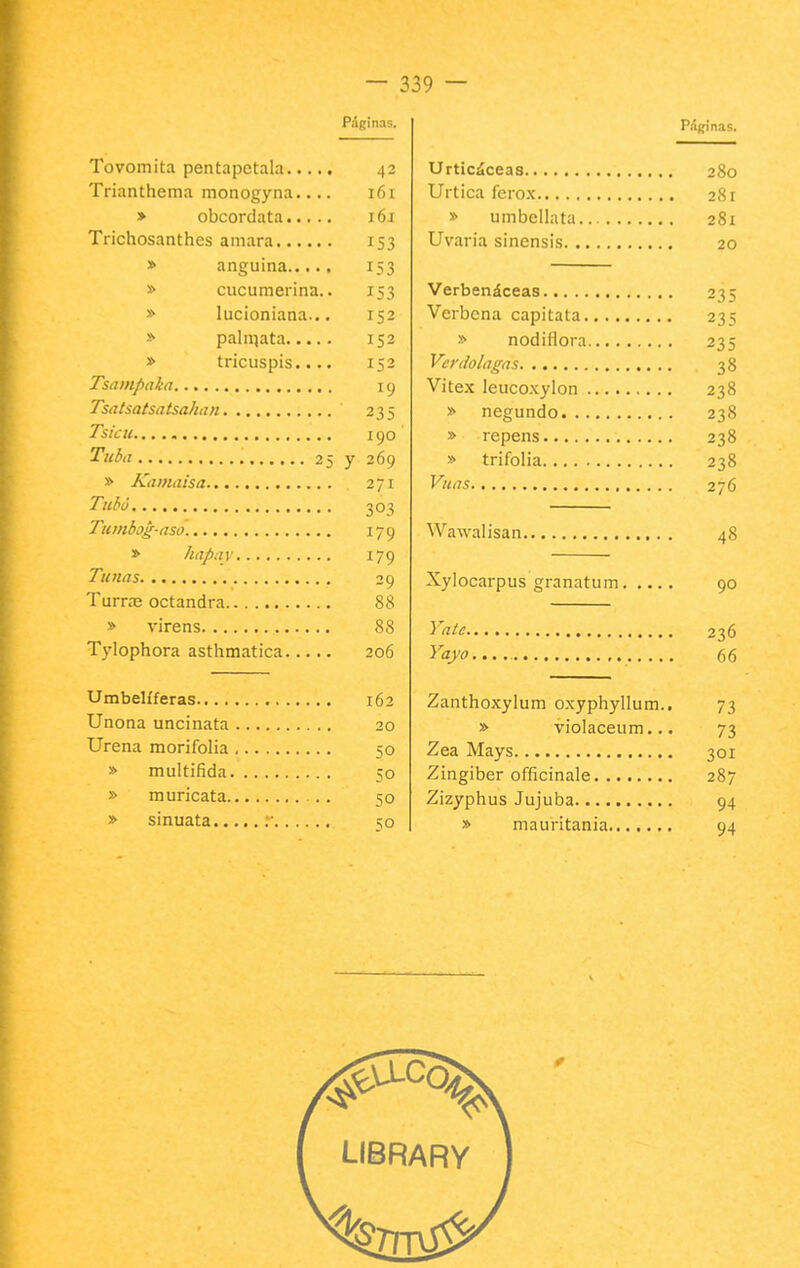 Páginas. Tovomita pentapetala 42 Trianthema monogyna.... 161 > obcordata 161 Trichosanthes amara 153 » anguina 153 » cucumerina.. 153 » lucioniana... 152 pal mata 152 » tricuspis.... 152 Tsampaka 19 Tsatsatsatsahan 235 TsicH 190 Tuba 25 y 269 » Kamaisa 271 Tubo 303 Tumbog-aso 179 » hapay 179 Tunas 29 Turras octandra 88 » virens 88 Tylophora asthmatica 206 Umbelíferas 162 Uñona uncinata 20 Urena morifolia 50 » multifida 50 » muricata .. 50 » sinuata v so PApnas. Urticáceas 280 Urtica ferox 281 » umbellata 281 Uvaria sinensis 20 Verbenáceas 235 Verbena capitata 235 » nodiflora 235 Verdolagas 38 Vitex leucoxylon 238 » negundo 238 » repens 238 » trifolia 238 Vuas 276 Wawalisan 48 Xylocarpus grana tu m 90 Yate 236 Yayo..., 66 Zanthoxylum oxyphyllum.. 73 » violaceum... 73 Zea Mays 301 Zingiber officinale 287 Zizyphus Jujuba 94 » mauritania 94 LIBRARY