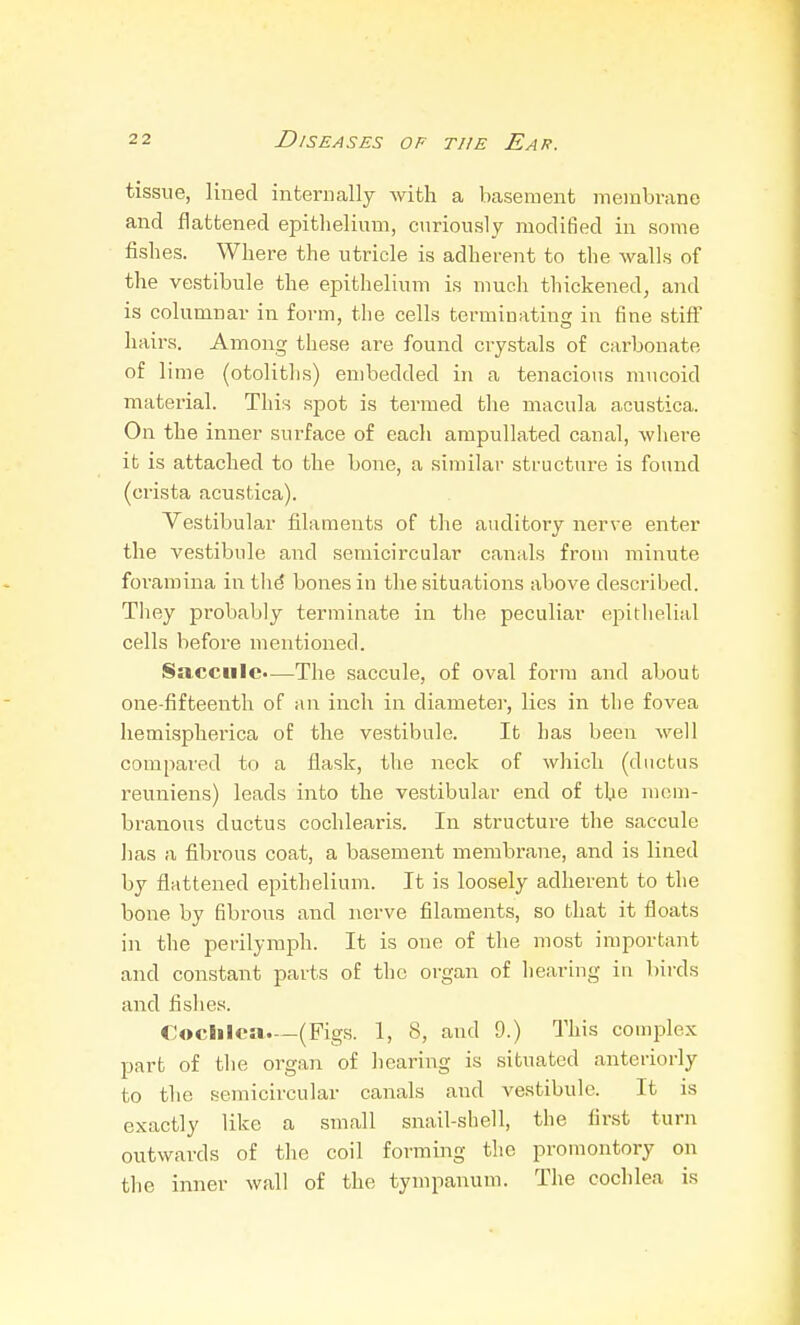 tissue, lined internally with a basement membrane and flattened epithelium, curiously modi6ed in some fishes. Where the utricle is adherent to the walls of the vestibule the epithelium is much thickened, and is columnar in form, the cells terminating in fine stiff hairs. Among these are found crystals of carbonate of lime (otoliths) embedded in a tenacious mucoid material. This spot is termed the macula acustica. On the inner surface of each ampullated canal, where it is attached to the bone, a similar sti'ucture is found (crista acustica). Vestibular filaments of the auditory nerve enter the vestibule and semicircular canals from minute foramina in thd bones in the situations above described. They probably terminate in the peculiar ej^itlielial cells before mentioned. Saccule.—The saccule, of oval form and about one-fifteenth of an inch in diameter, lies in the fovea hemispherica of the vestibule. It has been well compared to a flask, the neck of which (ductus reuniens) leads into the vestibular end of the mem- branous ductus cochlearis. In structure the saccule has a fibrous coat, a basement membrane, and is lined by flattened epithelium. It is loosely adherent to the bone by fibrous and nerve filaments, so that it floats in the perilymph. It is one of the most important and constant parts of the organ of hearing in birds and fishes. Coclilca.—(Figs. 1, 8, and 9.) Q'his comjalex part of the organ of hearing is situated anteriorly to the semicircular canals and vestibule. It is exactly like a small snail-shell, the first turn outwards of the coil forming the promontory on the inner wall of the tympanum. The cochlea is