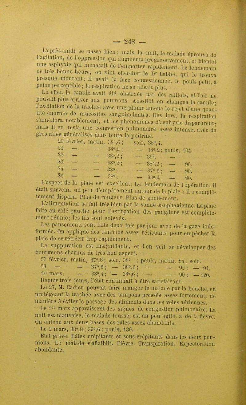 L'après-midi se passa bien; mais la nuit, le malade éprouva de 1 agitation, de 1 oppression qui augmenta progressivement, et bientôt une asphyxie qui menaçait de l'emporter rapidement. Le lendemain do très bonne heure, on vint chercher le D-- Labbé, qui le trouva presque mourant; il avait la face congestionnée, le pouls petit à peine perceptible ; la respiration ne se faisait plus. En effet, la canule avait été obstruée par des caillots, et l'air ne pouvait plus arriver aux poumons. Aussitôt on changea la canule • 1 excitation de la trachée avec une plume amena le rejet d'une quanl tité énorme de mucosités sanguinolentes. Dès lors, la respiration s'améliora notablement, et les phénomènes d'asphyxie disparurent- mais il en resta une congestion pulmonaire assez intense, avec de gros râles généralisés dans toute la poitrine. 20 février, matin, 38»,6 ; soir, 38»,/t. 21 — — 380,2; — 380,2; pouls, 104. 22 — — 38o,2; — 39». _ 23 - _ 380,2; - 38o,2 ; - 96. 24 - - 380; _ 370^6; _ 26 - - 38^ _ 380,4; - 90. L aspect de la plaie est excellent. Le lendemain de l'opération, il était survenu un peu d'empâtement autour de la plaie : U a complè- tement disparu. Plus de rougeur. Plus de gonflement. L'ahmentation se fait très bien par la sonde œsophagienne. La plaie faite au côté gauche pour l'extirpation des ganglions est complète- ment réunie; les tils sont enlevés. Les pansements sont faits deux fois par jour avec de la gaze iodo- formée. On applique des tampons assez résistants pour empêcher la plaie de se rétrécir trop rapidement. La suppuration est insignifiante, et l'on voit se développer des bourgeons charnus de très bon aspect. 27 février, matin, 37o,8 ; soir, 38» ; pouls, matin, 84 ; soir. 28 — — 370,6; — 380,2 lo- mars, _ — 38o,4 ; 38»,6, Depuis trois jours, l'état continuait à être satisfaisant. Le 27, M. Cadier pouvait faire manger le malade par la bouche, en protégeant la trachée avec des tampons pressés assez fortement, de manière à éviter le passage des aliments dans les voies aériennes. Le l' mars apparaissent des signes de congestion pulmonaire. La nuit est mauvaise, le malade tousse, est un peu agité, a de la fièvre. On entend aux deux bases des râles assez abondants. Le 2 mars, 38o,8 ; 39o,6 ; pouls, 130. Etat grave. Râles crépitants et sous-crépitants dans les deux pou- mons. Le malade s'affaiblit. Fièvre. Transpiration. Expectoration abondante. 92; — 94. 90: —120.