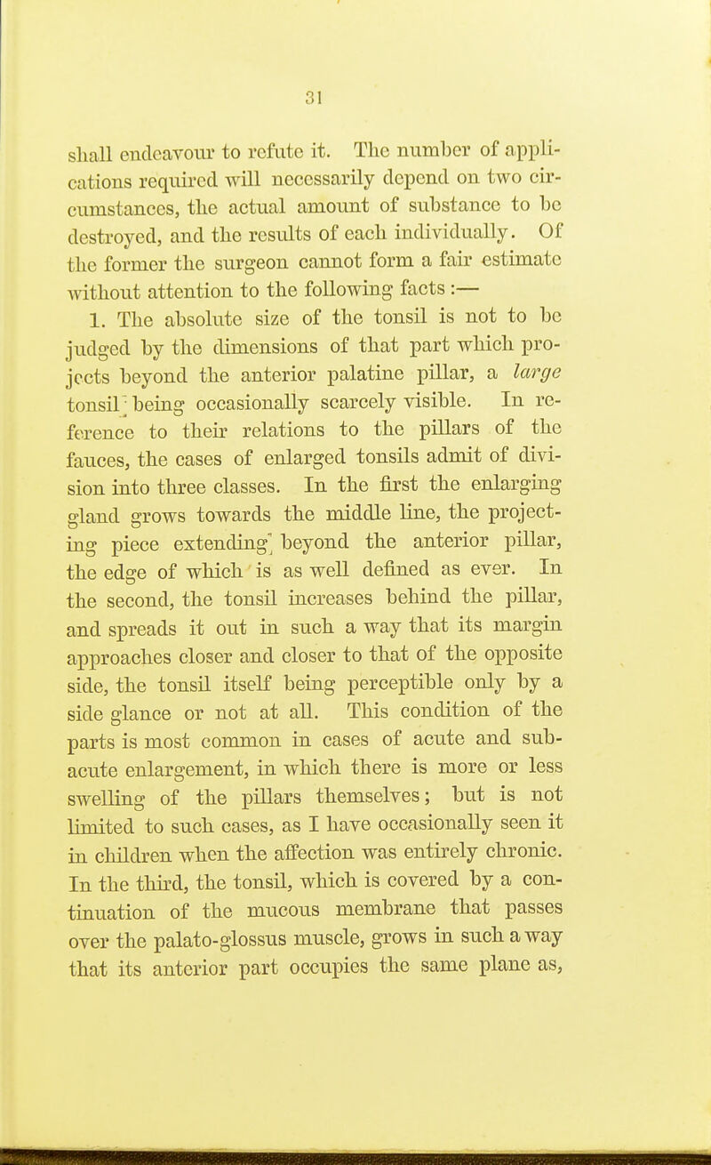 sliall endeavoiu' to refute it. The number of appli- cations required will necessarily depend on two cir- cumstances, the actual amount of substance to be destroyed, and the results of each individually. Of the former the surgeon cannot form a fair estimate without attention to the following facts :— 1. The absolute size of the tonsil is not to be judged by the dimensions of that part which pro- jects beyond the anterior palatine pillar, a large tonsil' being occasionally scarcely visible. In re- ference to their relations to the pillars of the fauces, the cases of enlarged tonsils admit of divi- sion into three classes. In the first the enlarging ffland sjrows towards the middle Une, the project- ing piece extending^ beyond the anterior pillar, the edge of which is as well defined as ever. In the second, the tonsil increases behind the pillar, and spreads it out in such a way that its margin approaches closer and closer to that of the opposite side, the tonsil itself being perceptible only by a side glance or not at aU. This condition of the parts is most common in cases of acute and sub- acute enlargement, in which there is more or less swelling of the pillars themselves; but is not limited to such cases, as I have occasionally seen it in children when the affection was entirely chronic. In the thh'd, the tonsil, which is covered by a con- tinuation of the mucous membrane that passes over the palato-glossus muscle, grows in such a way that its anterior part occupies the same plane as,