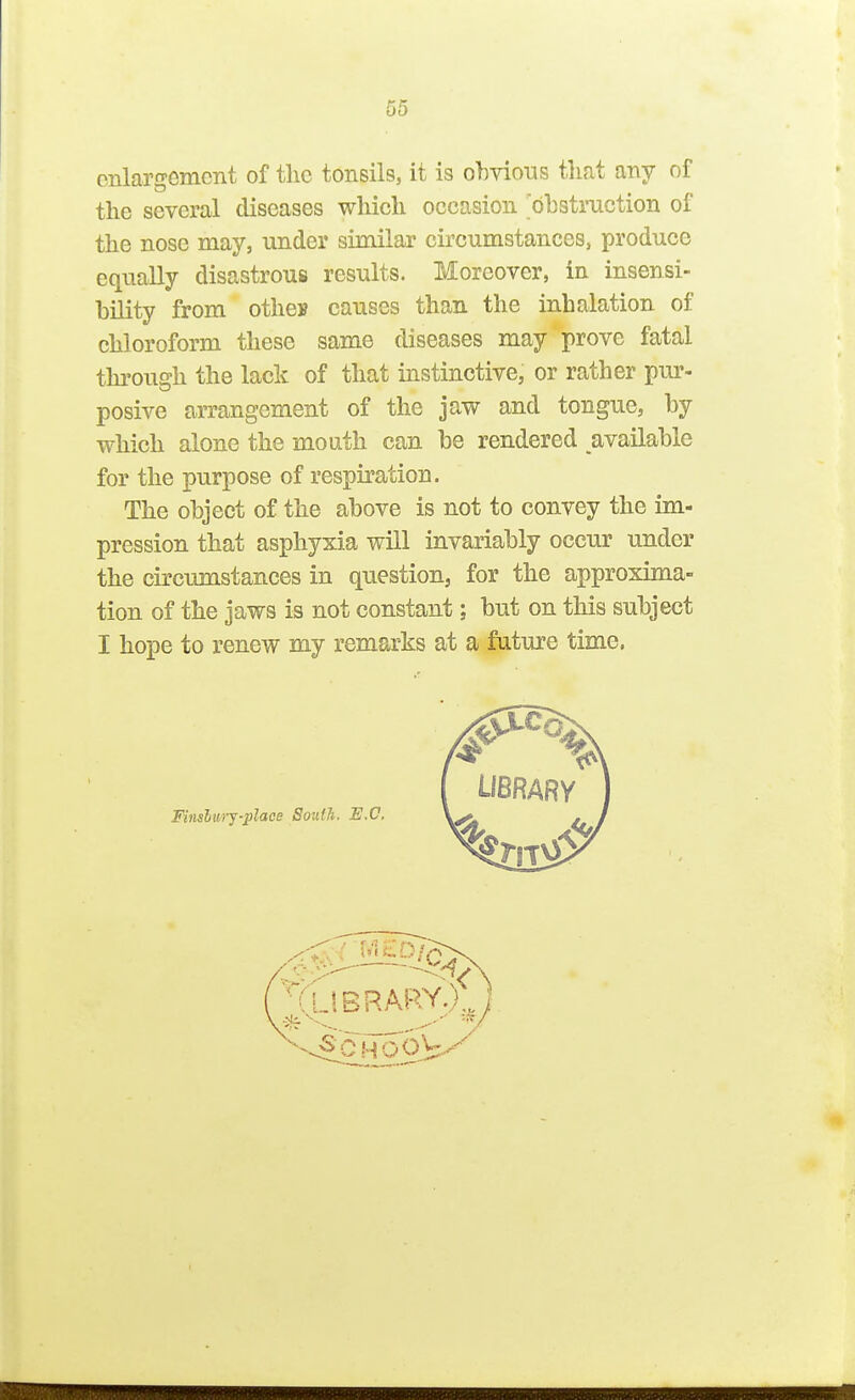 cnlaro-emcnt of tlic tonsils, it is ohvious that any of the several diseases which occasion obstruction of the nose may, under similar circumstances, produce equally disastrous results. Moreover, in insensi- bility from othe» causes than the inhalation of chloroform these same diseases may prove fatal through the lack of that instinctive, or rather pur- posive arrangement of the jaw and tongue, by which alone the mouth can be rendered available for the purpose of respiration. The object of the above is not to convey the im- pression that asphyxia will invariably occur under the circumstances in question, for the approxima- tion of the jaws is not constant; but on this subject I hope to renew my remarks at a future time. Finsluij-place South. E.G.