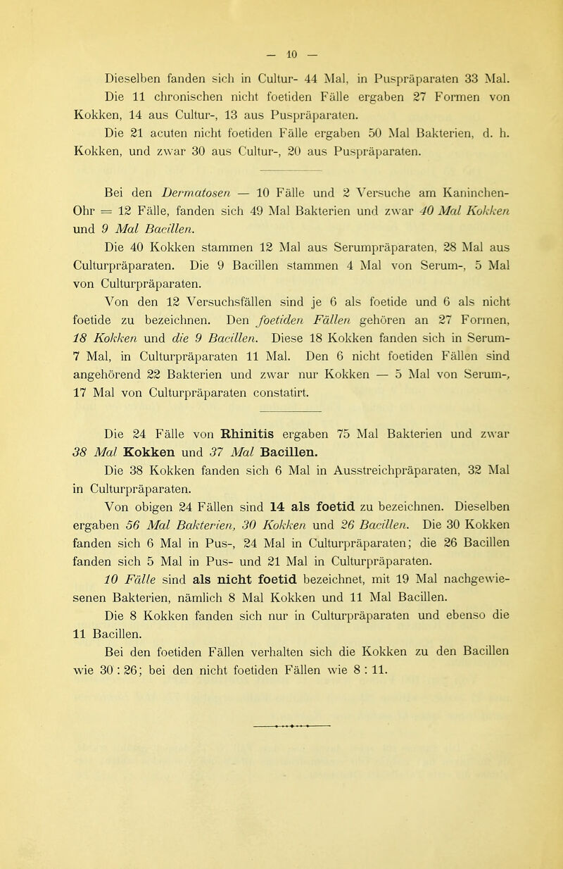 Dieselben fanden sicli in Cultur- 44 ]SIal, in Puspräparaten 33 Mal. Die 11 chronischen nicht foetiden Fälle ergaben 27 Formen von Kokken, 14 aus Cultur-, 13 aus Puspräparaten. Die 21 acuten nicht foetiden Fälle ergaben 50 Mal Bakterien, d. h. Kokken, und zwar 30 aus Cultur-, 20 aus Puspräparaten. Bei den Dermatosen — 10 Fälle und 2 Versuche am Kaninchen- Ohr = 12 Fälle, fanden sich 49 Mal Bakterien und zwar 40 Mal Kokken und 9 Mal Bacillen. Die 40 Kokken stammen 12 Mal aus Serumpräparaten, 28 Mal aus Culturpräparaten. Die 9 Bacillen stammen 4 Mal von Serum-, 5 Mal von Culturpräparaten. Von den 12 Versuchsfällen sind je 6 als foetide und 6 als nicht foetide zu bezeichnen. Den foetiden Fällen gehören an 27 Formen, 18 Kokken und die 9 Bacillen. Diese 18 Kokken fanden sich in Serum- 7 Mal, in Culturpräparaten 11 Mal. Den 6 nicht foetiden Fällen sind angehörend 22 Bakterien und zwar nur Kokken — 5 Mal von Serum-, 17 Mal von Culturpräparaten constatirt. Die 24 Fälle von Rhinitis ergaben 75 Mal Bakterien und zwar 38 Mal Kokken und 37 Mal Bacillen. Die 38 Kokken fanden sich 6 Mal in Ausstreichpräparaten, 32 Mal in Culturpräparaten. Von obigen 24 Fällen sind 14 als foetid zu bezeichnen. Dieselben ergaben 56 Mal Bakterien, 30 Kokken und 26 Bacillen. Die 30 Kokken fanden sich 6 Mal in Pus-, 24 Mal in Culturpräparaten; die 26 Bacillen fanden sich 5 Mal in Pus- und 21 Mal in Culturpräparaten. 10 Fälle sind als nicht foetid bezeichnet, mit 19 Mal nachge^^-ie- senen Bakterien, nämlich 8 Mal Kokken und 11 Mal Bacillen. Die 8 Kokken fanden sich nur in Culturpräparaten und ebenso die 11 Bacillen. Bei den foetiden Fällen verhalten sich die Kokken zu den Bacillen wie 30: 26; bei den nicht foetiden Fällen wie 8 : 11.