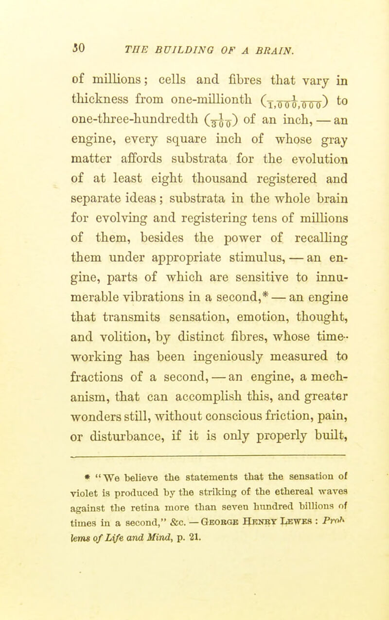 50 of millions; cells and fibres that vary in thickness from one-millionth (i,oTro,oTo) one-three-hundredth (3^g) of an inch, — an engine, every square inch of whose gray matter affords substrata for the evolution of at least eight thousand registered and separate ideas; substrata in the whole brain for evolving and registering tens of millions of them, besides the power of recalling them under appropriate stimulus, — an en- gine, parts of which are sensitive to innu- merable vibrations in a second,* — an engine that transmits sensation, emotion, thought, and volition, by distinct fibres, whose time- working has been ingeniously measured to fractions of a second, — an engine, a mech- anism, that can accomplish this, and greater wonders stUl, without conscious friction, pain, or disturbance, if it is only properly built, * We believe the statements that the sensation of violet is produced by the striking of the ethereal waves against the retina more than seven hundred billions of times in a second, &c. — Gbobgb Hkijut liEWKS : Proh lems o/Life and Mind, p. 21.