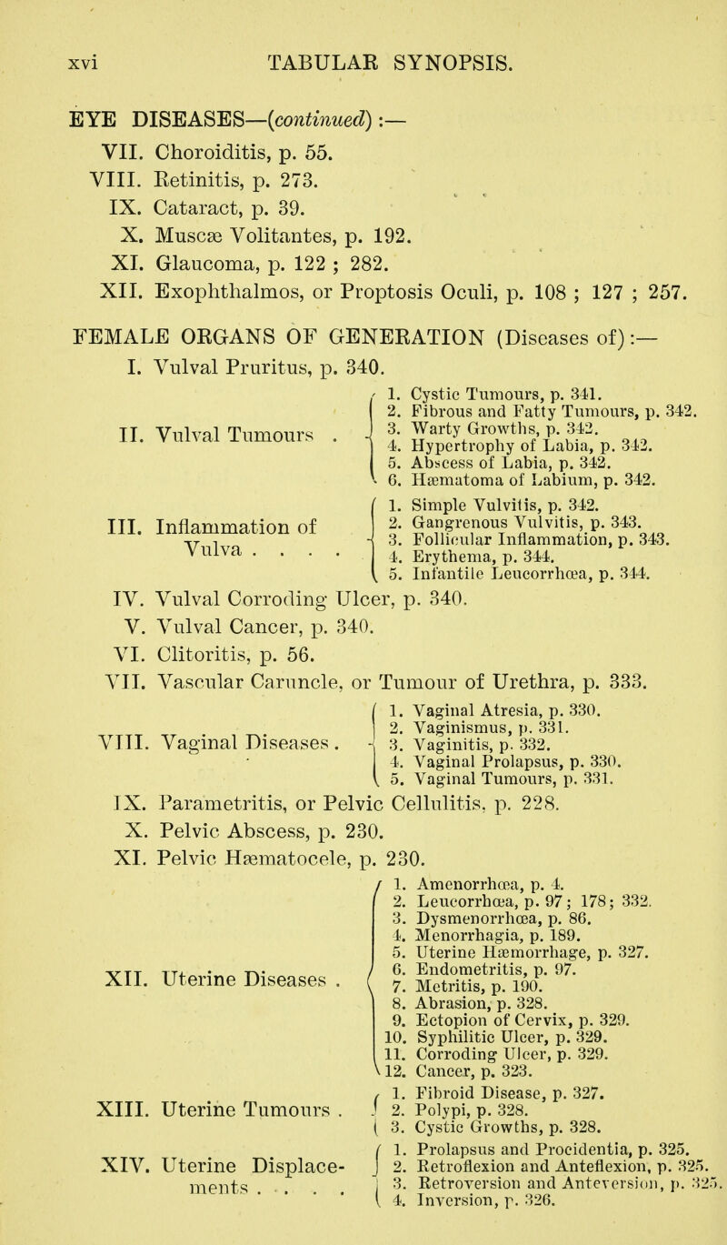 EYE BlBEASBB^^continued) :— VII. Choroiditis, p. 55. VIII. Retinitis, p. 273. IX. Cataract, p. 39. X. Musc93 Volitantes, p. 192. XL Glaucoma, p. 122 ; 282. XII. Exophthalmos, or Proptosis Oculi, p. 108 ; 127 ; 257. FEMALE ORGANS OF GENERATION (Diseases of) :— I. Vulval Pruritus, p. 340. 1. Cystic Tumours, p. 341. II. Vulval Tumours Inflammation of Vulva . . . 2. Fibrous and Fatty Tumours, p. 342. 3. Warty Growths, p. 342. 4. Hypertrophy of Labia, p. 342. 5. Abscess of Labia, p. 342. 6. Hsematoma of Labium, p. 342. 1. Simple Vulvitis, p. 342. 2. Gangrenous Vulvitis, p. 343. 3. Follicular Inflammation, p. 343. 4. Erythema, p. 344. 5. Infantile Leucorrhoea, p. 344. Vulval Corroding Ulcer, p. 340. Vulval Cancer, p. 340. VL Clitoritis, p. 56. VII. Vascular Caruncle, or Tumour of Urethra, p. 333. 1. Vaginal Atresia, p. 330. 2. Vaginismus, p. 331. 3. Vaginitis, p. 332. 4. Vaginal Prolapsus, p. 330. V 5. Vaginal Tumours, p. 331. IX. Parametritis, or Pelvic Cellulitis, p. 228. X. Pelvic Abscess, p. 230. XI. Pelvic Hsematocele, p. 230. III. IV. V. VIII. Vaginal Diseases . / 1. Amenorrhcea, p. 4. 332. XII. Uterine Diseases XIIL Uterine Tumours XIV. Uterine Displace- ments . . . . Leucorrhoea, p. 97; 178; 3. DysmenorrhoBa, p. 86. 4. Menorrhagia, p. 189. 5. Uterine Htemorrhage, p. 327. 6. Endometritis, p. 97. 7. Metritis, p. 190. 8. Abrasion, p. 328. 9. Ectopion of Cervix, p. 329. 10. Syphilitic Ulcer, p. 329. 11. Corroding Ulcer, p. 329. V12. Cancer, p. 323. / 1. Fibroid Disease, p. 327. J 2. Polypi, p. 328. ( 3. Cystic Growths, p. 328. f 1. Prolapsus and Procidentia, p. 325. J 2. Eetroflexion and Anteflexion, p. 325. j 3. Eetroversion and Anteversion, \). 325 i 4. Inversion, p. 326.