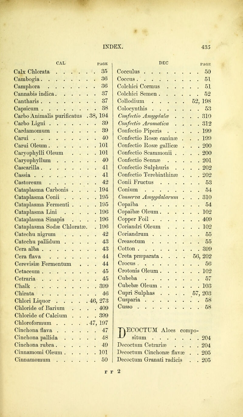 CAL PAGE Calx Chlorata 35 Cambogia 36 C amphora 36 Cannabis indica 37 Cantbaris 37 Capsicum 38 Carbo Animalis purificatus . 38, 194 Carbo Ligni 39 Cardamomum 39 Cami . 40 Carui Oleum . . . 101 Caryopbylli Oleum .... 101 Caryophyllum 40 Cascarilla 41 Cassia 41 Castoreum 42 Cataplasma Carbonis .... 194 Cataplasma Conii 195 Cataplasma Fermenti .... 195 Cataplasma Lini 196 Cataplasma Sinapi3 .... 196 Cataplasma Sodae Chloratae. . 196 Catechu nigrum 42 Catechu pallidum 43 Cera alba 43 Cera flava 44 Cerevisiae Fermentum ... 44 Cetaceum 45 Cetraria 45 Chalk 399 Chirata 46 Chlori Liquor 46, 273 Chloride of Barium .... 409 Chloride of Calcium .... 399 Chloroformum 47, 197 Cinchona flava 47 Cinchona pallida 48 Cinchona rubra 49 Cinnamomi Oleum 101 Cinuamonium 50 Cocculus 50 Coccus 51 Colchici Cormus 51 Colchici Semen 52 Collodium 52, 198 Colocynthis 53 Confectio Amygdala .... 310 Confectio Aromatica . .. . .312 Confectio Piperis 199 Confectio Rosae caninae . . . 199 Confectio Rosae gallicae . . . 200 Confectio Scammonii .... 200 Confectio Sennae 201 Confectio Sulphuris .... 202 Confectio Terebinthinae . . . 202 Conii Fructus 53 Conium 54 Conserva Amygdalariim . . . 310 Copaiba 54 Copaibae Oleum 102 Copper Foil 409 Coriandri Oleum 102 Coriandrum 55 Creasotum 55 Cotton 399 Creta praeparata .... 56, 202 Crocus 56 Crotonis Oleum 102 Cubeba 57 Cubebae Oleum 103 Cupri Sulphas .... 57, 203 Cusparia 58 Cusso 58 DECOCTUM Aloes compo- situm 204 Decoctum Cetrarias .... 204 Decoctum Cinchonas flavae . . 205 Decoctum Granati radicis . . 205 F F 2