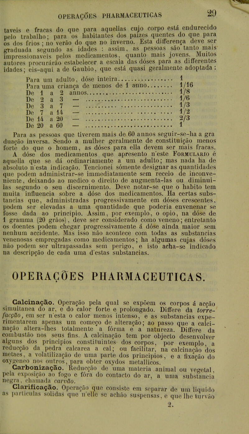 taveis e fracas do que para aquellas cujo corpo está endurecido pelo trabalho- para os habitantes dos paizes quentes do que para os dos frios ; no verão do que no inverno. Esta differença deve ser graduada segundo as idades : assim, as pessoas são tanto mais impressionáveis pelos medicamentos, quanto mais jovens. Muitos autores procurarão estabelecer a escala das dóses para as diíTerentes idades; eis-aqui a de Gaubio, que está quasi geralmente adoptada : Para um adulto, dóse inteira 1 Para uma criança de menos de 1 anno 1/16 De 1 a 2 aímos 1/8 De 2 a 3 — 1/6 De 3 a 7 — 1/3 De 7 a 14 — 1/2 De 14 a 20 — 2/3 De 20 a 60 — 1 Para as pessoas que tiverem mais de 60 annos seguir-se-ha a gra duaçâo inversa. Sendo a mulher geralmente de constituição menos forte do que o homem, as dóses para ella devem ser mais fracas. A dóse dos medicamentos que apresento n'este Formulário é aquella que se dá ordinariamente a um adulto; mas nada ha de absoluto n esta indicação. Tencionei somente designar as quantidades que podem administrâr-se immediatamente sem receio de inconve- niente, deixando ao medico o direito de augmenta-las ou diminui- las segundo o seu discernimento. Deve notar-se que o habito tem muita influencia sobre a dóse dos medicamentos. Ha certas subs- tancias que, administradas progressivamente em dóses crescentes, podem ser elevadas a uma quantidade que poderia envenenar se fosse dada ao principio. Assim, por exemplo, o opio, na dóse de 1 gramma (20 grãos), deve ser considerado como veneno; entretanto os doentes podem chegar progressivamente á dóse ainda maior sem nenhum accidente. Mas isso não acontece com todas as substancias venenosas empregadas como medicamentos; ha algumas cujas dóses não podem ser ultrapassadas sem perigo, e isto acha-se indicado na descripção de cada uma d'estas substancias. OPERAÇÕES PHARMACEUTICAS. Calcinação. Operação pela qual se expõem os corpos á acção simultânea do ar, e do calor forte e prolongado. Diífere da torre- facção, em ser n esta o calor menos intenso, e as substancias expe- rimentarem apenas um começo de alteração; ao passo que a calci- nação altera-lhes totalmente* a fórma e* a natureza. Differe da combustão nos seus fins. A calcinação tem por objecto desenvolver alguns dos principios constituintes dos corpos, por exemplo a reducção da pedra calcarea a cal; ou facilitar, na calcinação dos metaes, a volatilização de uma parte dos principios, e a fixa*cão do oxygeneo nos outros, para obter oxydos metallicos. Carbonização. Reducção de uma matéria animal ou vegetal pela exposição ao fogo e fóra do contacto do ar, a uma substancia negra, chamada carvão. Clarificação. Operação que consiste em separar de um liquido |s partículas solidas que n ellc se achão suspensas, e que lhe turvão 2.