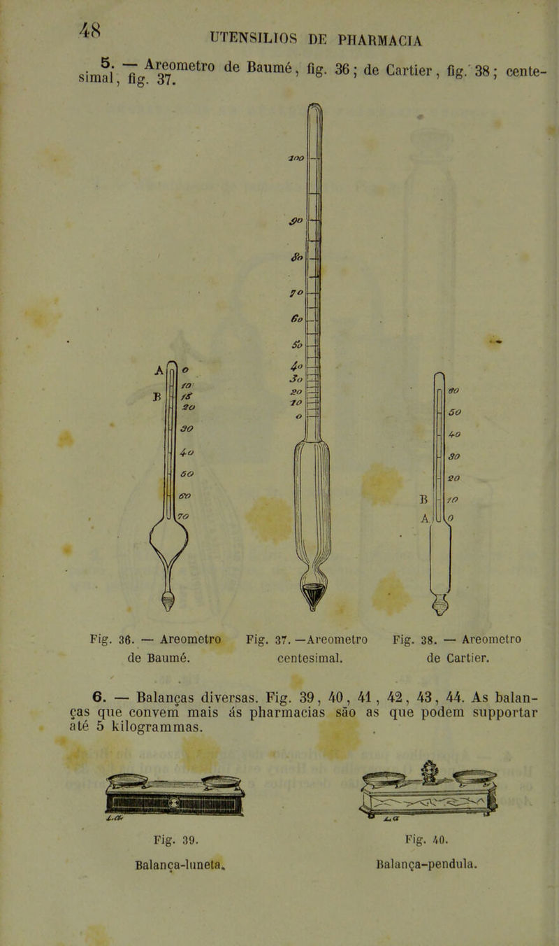 UTENSÍLIOS DE PHARMACIA simaÍ,figA370metr0 ^ Baumé' fi&- 36'* de Cartier, fig. 38; cente- mo - Sb H B A. ffO 5o ao 20 10 Fig. 36. — Areometro Fig. 37. —Areometro Fig. 38. — Areometro de Baumé. centesimal. de Cartier. 6. -— Balanças diversas. Fig. 39, 40, 41, 42, 43, 44. As balan- ças que convém mais ás pharmacias são as que podem supportar até 5 kilogrammas. Fig. 39. Balanca-luneta. Fig. 40. Balança-pendula.