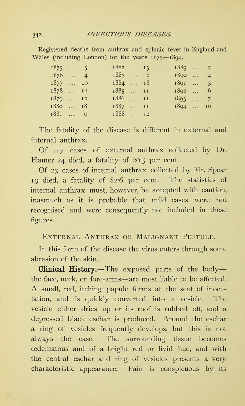 Registered deaths from anthrax and splenic fever in England and Wales (including London) for the years 1875—1894. 1875 . • 5 1882 . • 15 1889 .. • 7 1876 . . 4 1883 . . 8 1890 .. • 4 1877 . 10 1884 . . 18 1891 .. • 3 1878 . . 14 1885 . . 11 1892 .. . 6 1879 . . 12 1886 . . 11 1893 - • 7 1880 .. . 18 1887 . . 11 1894 .. . 10 I88I .. . 9 1888 . . 12 The fatality of the disease is different in external and internal anthrax. Of 117 cases of external anthrax collected by Dr. Hamer 24 died, a fatahty of 20-5 per cent. Of 23 cases of internal anthrax collected by Mr. Spear 19 died, a fatality of 82'6 per cent. The statistics of internal anthrax must, however, be accepted with caution, inasmuch as it is probable that mild cases were not recognised and were consequently not included in these figures. External Anthrax or Malignant Pustule. In this form of the disease the virus enters through some abrasion of the skin. Clinical History.—The exposed parts of the body— the face, neck, or fore-arms—are most liable to be affected. A small, red, itching papule forms at the seat of inocu- lation, and is quickly converted into a vesicle. The vesicle either dries up or its roof is rubbed off, and a depressed black eschar is produced. Around the eschar a ring of vesicles frequently develops, but this is not always the case. The surrounding tissue becomes cedematous and of a bright red or livid hue, and with the central eschar and ring of vesicles presents a very characteristic appearance. Pain is conspicuous by its