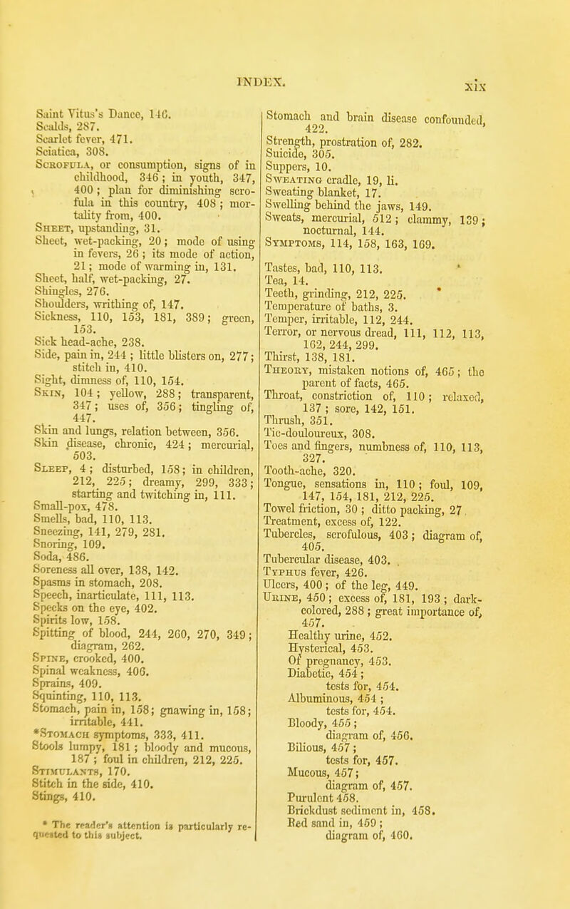 Saint Yitus's Banco, 140. Scalds, 287. Scarlet fever, 471. Sciatica, 308. Scrofula, or consumption, signs of in chiltlhood, 346 ; in youth, 347, \ 400 ; plan for diminishing scro- fula in this country, 408 ; mor- t;llity from, 400. Sheet, upstanding, 31. Sheet, wet-packing, 20; mode of using in fevers, 26 ; its mode of action, 21; mode of warming in, 131. Sheet, half, wet-packing, 27. Shingles, 276. ShoiUdei-s, writhing of, 147. Sickness, 110, 153, 181, 389; green, 153. Sick head-ache, 238. Side, pain in, 244 ; little blisters on, 277; stitch in, 410. Right, dimness of, 110, 154. Skin, 104; yellow, 288; transparent, 347; uses of, 356; tingling of, 447. Skin and lungs, relation between, 356. Skin disease, chronic, 424; mercmial, 503. Sleep, 4; disturbed, 158; in children, 212, 225; dreamy, 299, 333; starting and twitching in, 111. SraaU-pox, 478. Smells, bad, 110, 113. Sneezing, 141, 279, 281. Snoring, 109. Soda, 486. Soreness all over, 138, 142. Spasms in stomach, 208. Speech, inarticulate. 111, 113. Specks on the eye, 402. Spirits low, 158. Spitting of blood, 244, 260, 270, 349; diagram, 262. Spine, crooked, 400. Spinal weakness, 400. Sprains, 409. Squinting, 110, 113. Stomach, pain in, 158; gnawing in, 158; irritable, 441. •Stomach symptoms, 333, 411. Stools lumpy, 181 ; bloody and mucous, 187 ; foul in children, 212, 225. 8ttmulant8, 170. Stitch in the side, 410. Stings, 410. • The readcr'n attention u particularly re- quested to this subject. | Stomach^and brain disease confounded, Strength, prostration of, 282. Suicide, 305. Suppers, 10. Satoating cradle, 19, li. Sweating blanket, 17. Swelling behind the jaws, 149. Sweats, mercurial, 512; clammy, 139; nocturnal, 144. Symptoms, 114, 158, 163, 109. Tastes, bad, 110, 113. Tea, 14. Teeth, grinding, 212, 225. Tcmporatm-e of baths, 3. Temper, irritable, 112, 244. Terror, or nervous di-ead, 111, 112, 113, 102, 244, 299. Thirst, 138, 181. Theort, mistaken notions of, 465; the parent of facts, 465. Throat, constriction of, 110; relaxed, 137 ; sore, 142, 151. Thrush, 351. Tic-doulom-eux, 308. Toes and fingers, numbness of, 110, 113, 327. Tooth-ache, 320. Tongue, sensations in, 110; foul, 109, 147, 154, 181, 212, 225. Towel friction, 30 ; ditto packing, 27 Treatment, excess of, 122. Tubercles, scrofulous, 403 ; diagram of, 405. Tubercular disease, 403. Typhus fever, 420. Ulcers, 400 ; of the leg, 449. UiuNE, 450 ; excess o^ 181, 193 ; dark- colored, 288 ; gi-eat importance of, 457. Healthy urine, 452. Hysterical, 453. Ot pregnancy, 453. Diabetic, 454; tests for, 454. Albuminous, 454 ; tests for, 454. Bloody, 455; diagram of, 450. Bilious, 457; tests for, 457. Mucous, 457; diagram of, 457. Purulent 458. Brickdust sediment in, 458. Bed sand in, 459 ; diagram of, 400.