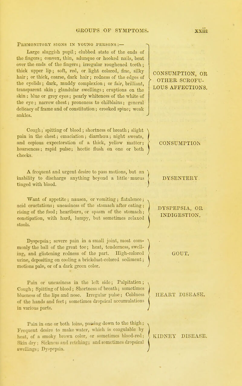 PUEMONITOUY SIGNS IN ■yOUNO TEUSONS ;— Large sluggish pupil; clubbed state of the cuds of the fingers; couvex, thin, adunque or hooked nails, beut over the cuds of the fiugers ; iiTcgular roughened teeth ; thick upper Up; soft, red, or light colored, fine, silky hair; or thick, coarse, dark hair ; redness of the edges of the eyelids ; dark, muddy complexion ; or fail-, brilliant, transparent skin; glandular swellings; eruptions on the skin ; blue or grey eyes ; pearly whiteness of the wliite of the eye ; narrow chest; proneuess to chilblains ; general deUcacy of frame and of constitution; crooked spine; weak ankles. CONSUMPTION, OR OTHER SCROFU- LOUS AFFECTIONS. Cough; spitting of blood ; shortness of breath; slight pain in the chest; emaciation; diarrhoea; night sweats, and copious expectoration of a thick, yellow matter; hoai-sencss; rapid pulse; hectic flush on one or both checks. A frequent and urgent desire to pass motions, but an inability to discharge anything beyond a little ■ mucus tinged with blood. Want of appetite ; nausea, or vomiting ; flatulence ; acid eructations; uneasiness of the stomach after eating; rising of the food; heartburn, or spasm of the stomach ; constipation, with hai'd, lumpy, but sometimes relaxed stools. Dyspepsia; severe pain in a small joint, most com- monly the ball of the gi-eat toe; heat, tenderness, swell- ing, and gliiitening redness of the part. High-colored uiinc, depositing on cooling a brickdust-colored sediment; motions pale, or of a dark green color. Pain or uneasiness in the left side; Palpitation ; Cough; Spitting of blood; Shortness of breath; sometimes blucncfs of the lips and nose. Irregular pulse; Coldness of the hands and feet; sometimes dropsical accumvdations in variouii parts. Pain in one or both loins, passing down to the thigh ; Frequent desire to make water, which is coagulablc by heat, of a amoky brown color, or sometimes blood-red; Skin dry; .Sickness and retching; and sometimes dropsical »wcUing3; Dy>»popsia. CONSUMPTION DYSENTERY DYSPEPSIA, OR INDIGESTION. GOUT. HEART DISEASE, KIDNEY DISEASE.