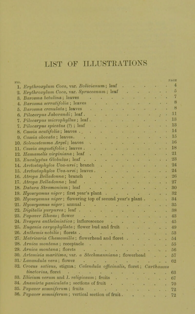 LIST OF ITJATSTliATIONS r'A«!K 1. Eri/throxyhivi Coca, var. Boliviamim; leaf 4 2. Eri/throj ijliini Cora, var. Spmccaimm ; leaf -J 3. Baroama hetnlina; leaves 4. Barosma acrratifolia; leaves 8 5. Barosma crenulata; leaves ^ 6. Pilocarpus Jaborandi; leaf 11 7. Pilocarpus microphyllua ; leaf l<i 7. Pilocarptis spicatiia (?) ; leaf 13 8. Cassia acutifolia ; leaves 14 9. Cassia ohovata ; leaves.......... 15 10. Solenostemma Argel; leaves 16 11. Cassia angustifolia; leaves . . . . . . . 18 12. Hamamelis virginiana ; leaf ........ 21 13. Eucalyptus Globulus; leaf 23 14. Arctostaphylos Uva-ursi; branch 24 15. Arctostaphylos Uva-ursi; leaves 24 16. Atropa Belladonna; branch ........ 2G 17. Atropa Belladonna; leaf . . . 27 18. Datura Stramonium; leaf 80 19. Hyoscyamus niger ; first year's plant 32 20. Hyoscyamus niger; flowering top of second year's plant . . .34 21. Hyoscyamus niger', annual 35 22. Digitalis jpurpurea; leaf 38 23. Papaver Rhoeas; flower 43 24. Brayera anthelmintica; inflorescence ...... 45 25. Eugenia caryophyllata; flower bud and fmit 49 26. Anthemis nobilis ; florets ......... 53 27. Matricaria Chamomilla ; flowerhead and floret . . . . . 54 28. Arnica montana ; receptacle .55 29. Arnica montana; florets . . 56 30. Artemisia maritima, var. a Stechmanniana ; flowerhead . . 57 31. Lavandula vera ; flower 62 32. Crocus sativus, stigina; Calendula officinalis, floret; Carthamns tinctoriua, floret 63 83. Illicium verum and 1. religiosum ; fruits . . . . . . 67 34. Anamirta paniculata', sections of fruit ...... 70 35. Papaver aomniferum; fruits . . . . . 72 36. Papaver aomnifertini; vertical section of fruit 72