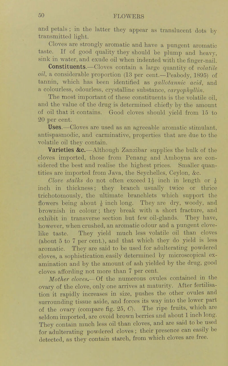 and petals ; in the latter they appear as translucent dots b)- transmitted light. Cloves are strongly aromatic and have a pungent aromatic taste. If of good quality they should be plump and heavy, sink in water, and exude oil when indented with the finger-nail. Constituents.—Cloves contain a large quantity of volatile oil, a considerable proportion (13 per cent.—Peabody, 1895) of tannin, which has been identified as gallotannic acid, and a colourless, odourless, crystalline substance, cari/02JhylHn. The most important of these constituents is the volatile oil, and the value of the drug is determined chiefly by the amount of oil that it contains. Good cloves should yield from 15 to 20 per cent. Uses.—Cloves are used as an agreeable aromatic stimulant, antispasmodic, and carminative, properties that are due to the volatile oil they contain. Varieties &C.—Although Zanzibar supplies the bulk of the cloves imported, those from Penang and Amboyna are con- sidered the best and realise the highest prices. Smaller quan- tities are imported from Java, the Sej^chelles, Ceylon, &c. Clove stalks do not often exceed 1^ inch in length or ^ inch in thickness; they branch usually twice or thrice trichotomousl)', the ultimate branchlets which support the flowers being about ^ inch long. They are dry, woody, and brownish in colour ; they break with a short fracture, and exhibit in transverse section but few oil-glands. They have, however, when crushed, an aromatic odour and a pungent clove- like taste. They yield much less volatile oil than cloves (about 5 to 7 per cent.), and that which they do yield is less aromatic. They are said to be used for adulterating powdered cloves, a sophistication easily determined by microscopical ex- amination and by the amount of ash yielded by the drug, good cloves affording not more than 7 per cent. Mother cloves.— Of the numerous ovules contained in the ovary of the clove, only one arrives at maturity. After fertilisa- tion it rapidly increases in size, pushes the other ovules and surrounding tissue aside, and forces its way into the lower part of the ovary (compare fig. 25, (7). The ripe fruits, which are seldom imported, are ovoid brown berries and about 1 inch long. They contam much less oil than cloves, and are said to be used for adulterating powdered cloves ; their presence can easily be detected, as they contain starch, from which cloves are free.