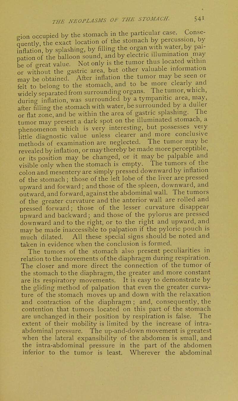 don occupied by the stomach in the particular case. Conse- quently the exact location of the stomach by percussion, by 4uciiti_y, , . rii:^^ rM-rran with water, hv nal- in inflation, by splashing, by filling the organ with water, by pal- pation of the balloon sound, and by electric illumination may be of great value. Not only is the tumor thus ocated within or without the gastric area, but other valuable information may be obtained. After inflation the tumor may be seen or felt to belong to the stomach, and to be more clearly and widely separated from surrounding organs. The tumor, which, during inflation, was surrounded by a tympanitic area, may, after filling the stomach with water, be surrounded by a duller or flat zone, and be within the area of gastric splashing. The tumor may present a dark spot on the illuminated stomach, a phenomenon which is very interesting, but possesses very little diagnostic value unless clearer and more conclusive methods of examination are neglected. The tumor may be revealed by inflation, or may thereby be made more perceptible, or its position may be changed, or it may be palpable and visible onlv when the stomach is empty. The tumors of the colon and mesentery are simply pressed downward by inflation of the stomach ; those of the left lobe of the liver are pressed upward and forward ; and those of the spleen, downward, and outward, and forward, against the abdominal wall. The tumors of the greater curvature and the anterior wall are rolled and pressed forward; those of the lesser curvature disappear upward and backward; and those of the pylorus are pressed downward and to the right, or to the right and upward, and may be made inaccessible to palpation if the pyloric pouch is much dilated. All these special signs should be noted and taken in evidence when the conclusion is formed. The tumors of the stomach also present peculiarities in relation to the movements of the diaphragm during respiration. The closer and more direct the connection of the tumor of the stomach to the diaphragm, the greater and more constant are its respiratory movements. It is easy to demonstrate by the gliding method of palpation that even the greater curva- ture of the stomach moves up and down with the relaxation and contraction of the diaphragm ; and, consequently, the contention that tumors located on this part of the stomach are unchanged in their position by respiration is false. The extent of their mobility is limited by the increase of intra- abdominal pressure. The up-and-down movement is greatest when the lateral expansibility of the abdomen is small, and the intra-abdominal pressure in the part of the abdomen inferior to the tumor is least. Wherever the abdominal