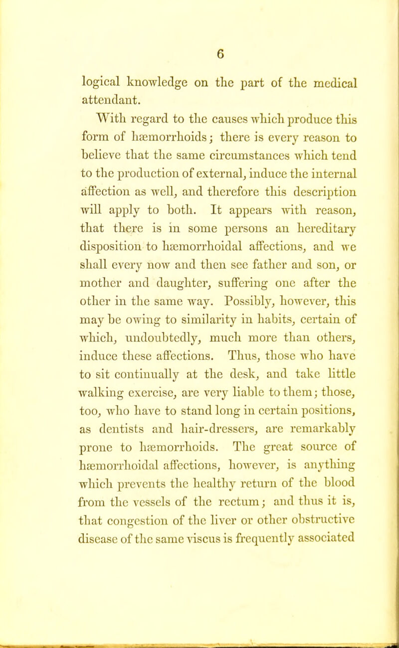 logical knowledge on the part of the medical attendant. With regard to the causes which produce this form of haemorrhoids J there is every reason to believe that the same circumstances which tend to the production of external^ induce the internal affection as well^ and therefore this description will apply to both. It appears with reason, that there is in some pei'sons an hereditary disposition to hsemorrhoidal affections, and we shall every now and then see father and son, or mother and daughter, suffering one after the other in the same way. Possibly, however, this may be owing to similarity in habits, certain of which, undoubtedly, much more than others, induce these affections. Thus, those who have to sit continually at the desk, and take little walking exercise, are very liable to them; those, too, who have to stand long in certain positions, as dentists and hair-dressers, are remarkably prone to haemorrhoids. The great source of haemorrhoidal affections, however, is anything which prevents the healthy return of the blood from the vessels of the rectum; and thus it is, that congestion of the liver or other obstructive disease of the same viscus is fi'equently associated